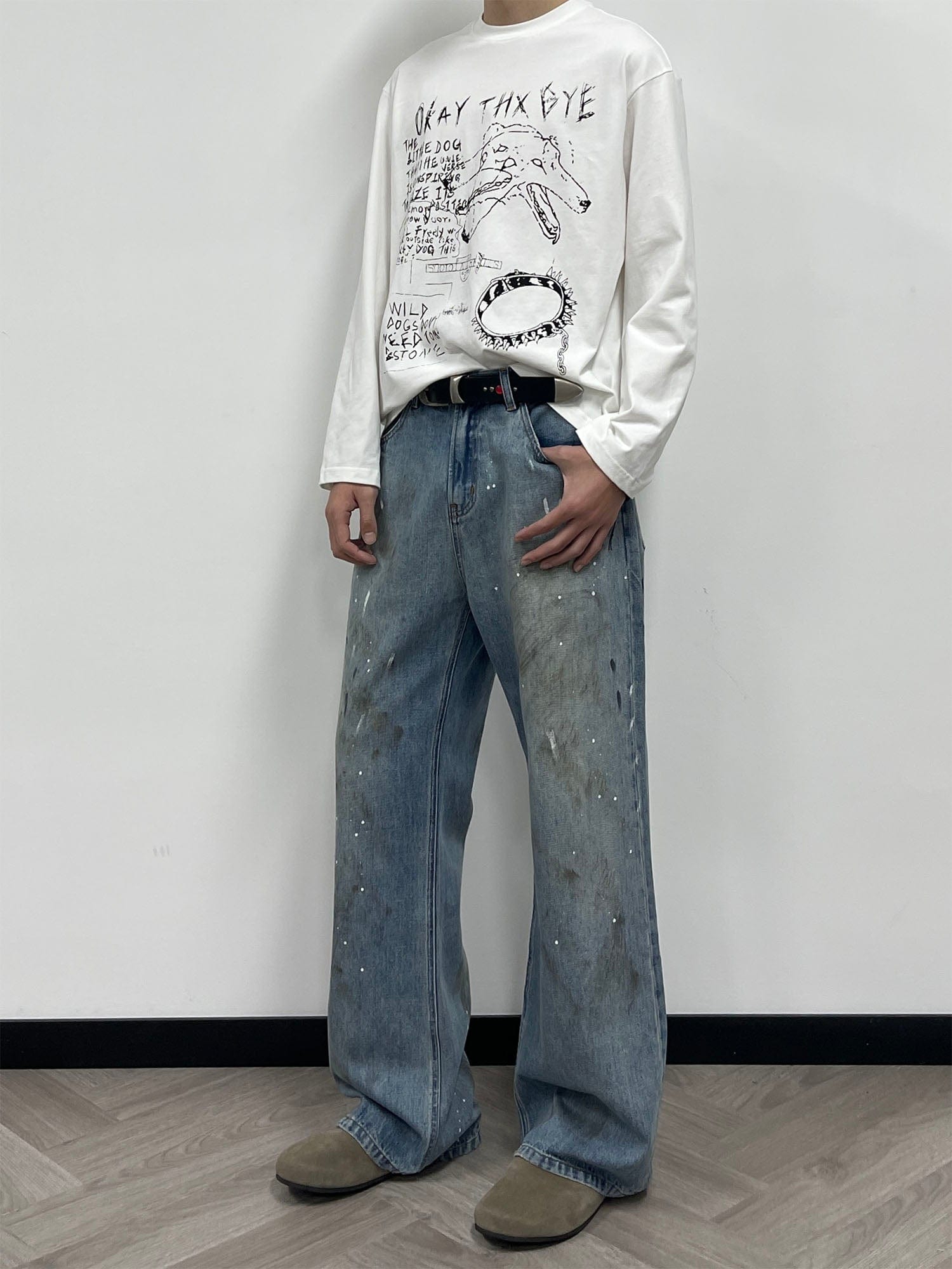 OKAYTHXBYE Paint-Splattered Distressed Jeans-Jeans-S-Blue-Free Shipping Leatheretro