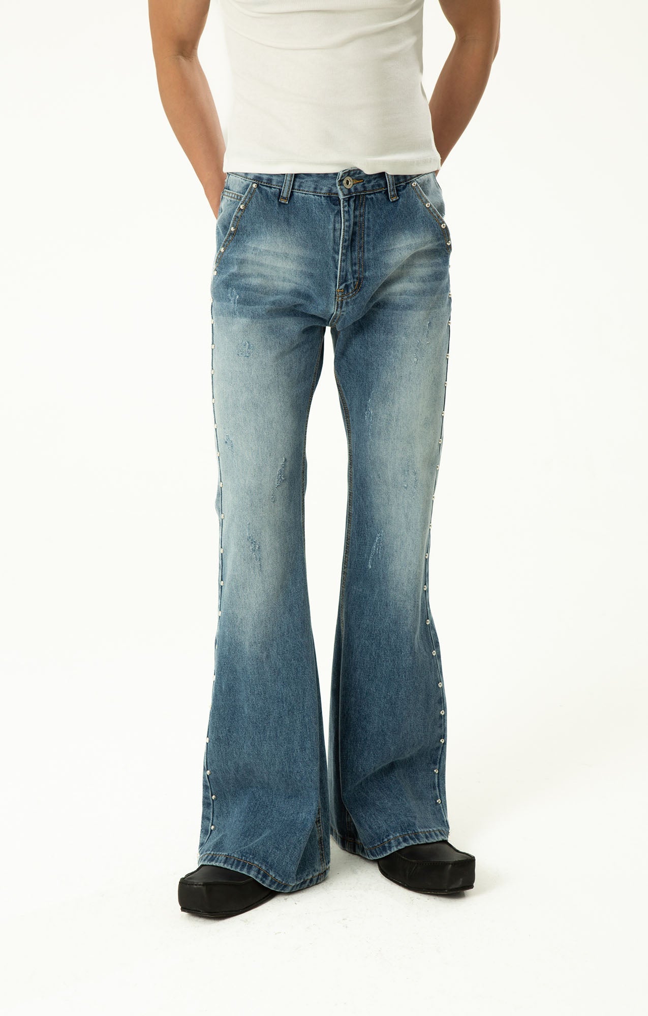 CLP Studded-Seam Flared Jeans-Jeans-S-Black-Free Shipping Leatheretro
