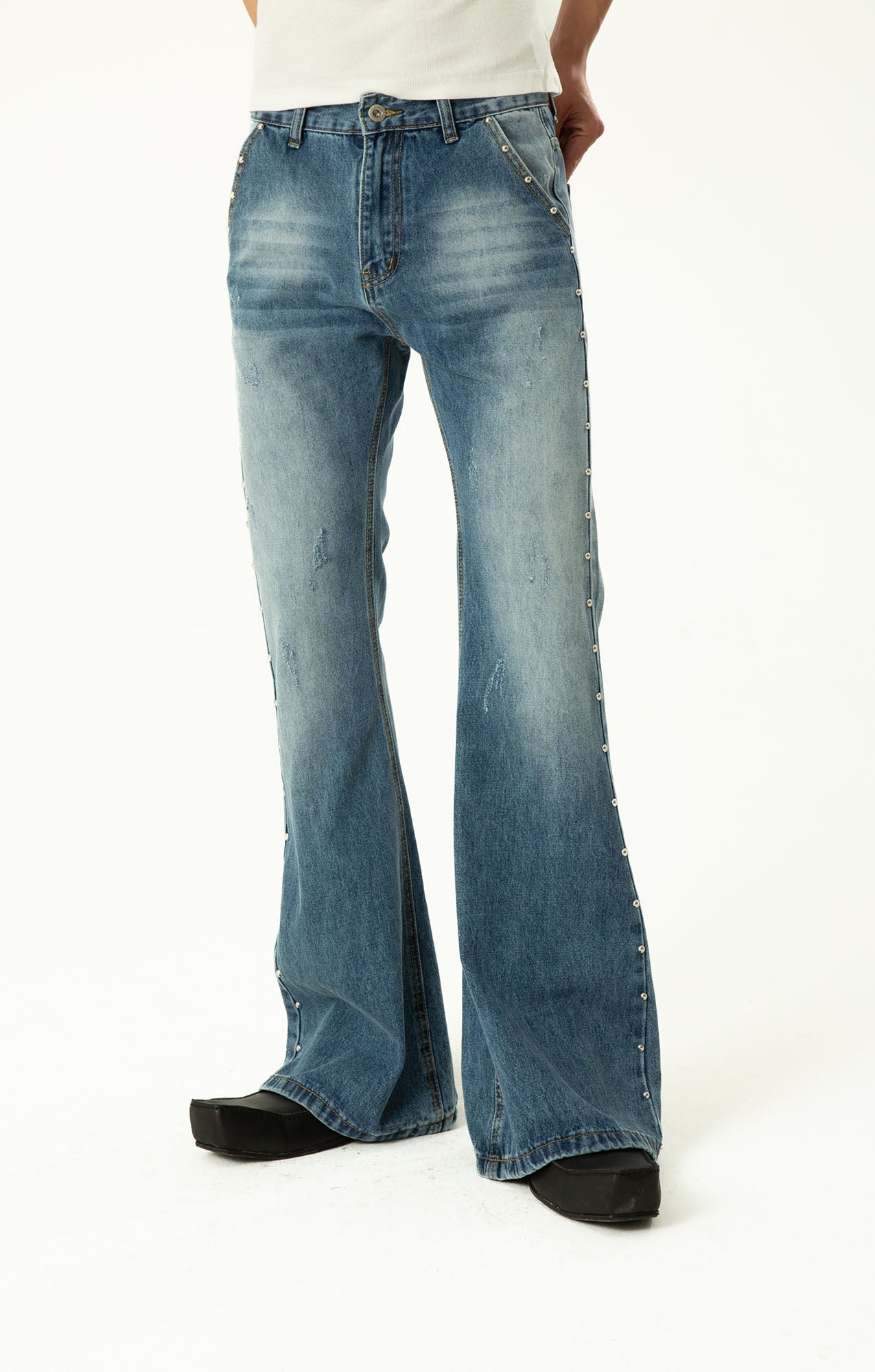 CLP Studded-Seam Flared Jeans-Jeans-S-Black-Free Shipping Leatheretro