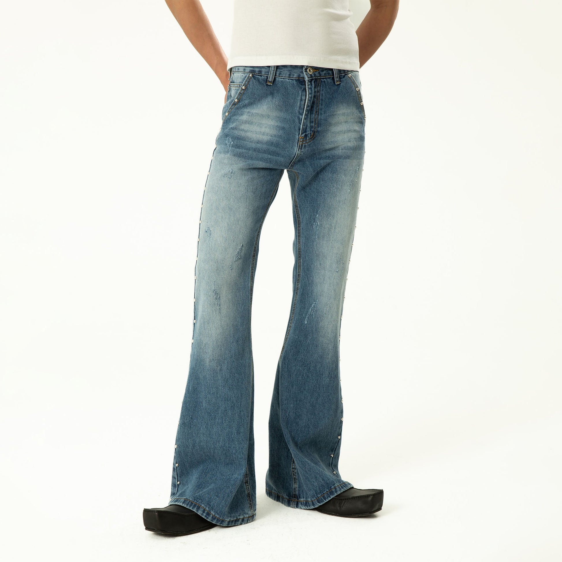 CLP Studded-Seam Flared Jeans-Jeans-S-Black-Free Shipping Leatheretro