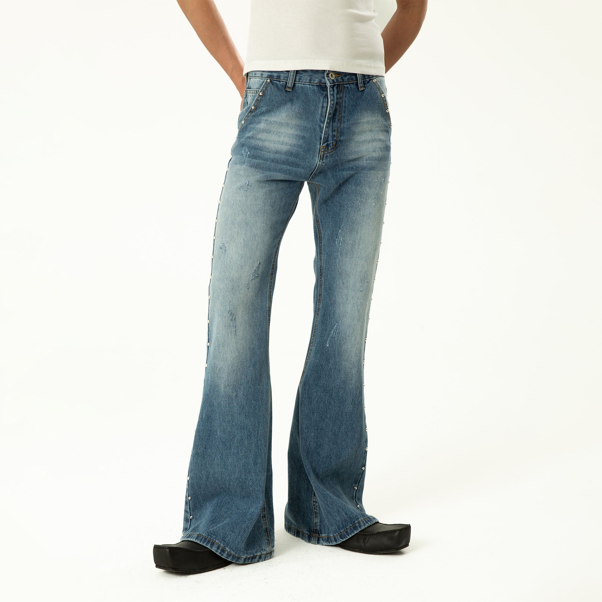 CLP Studded-Seam Flared Jeans-Jeans-S-Black-Free Shipping Leatheretro