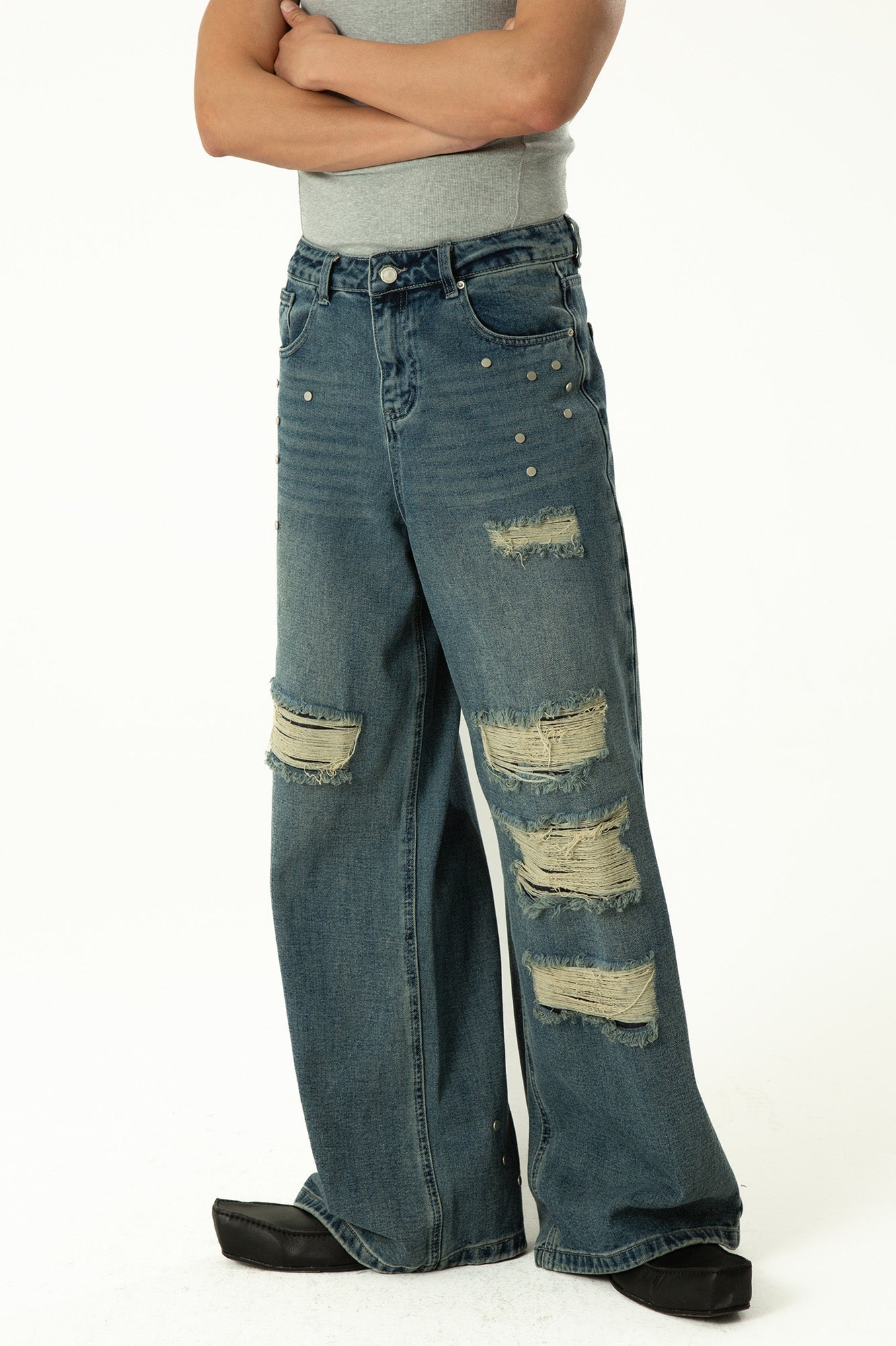 CLP Retro Washed Distressed Rivet Jeans-Jeans-M-Free Shipping Leatheretro
