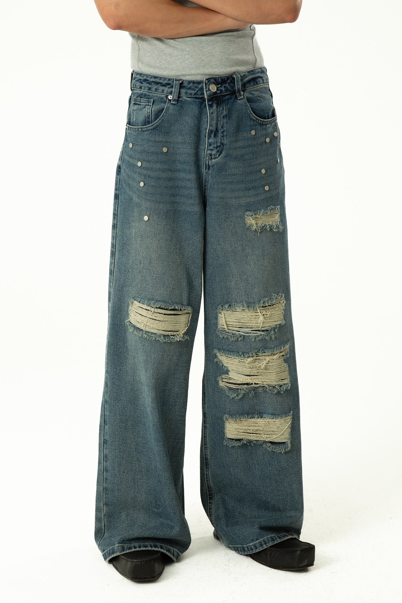 CLP Retro Washed Distressed Rivet Jeans-Jeans-M-Free Shipping Leatheretro