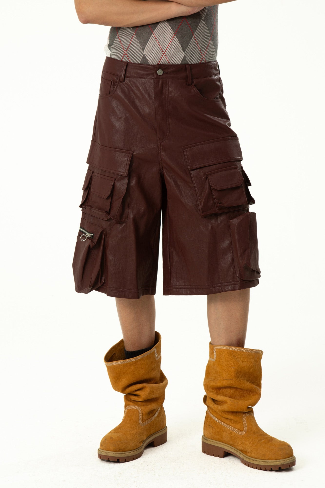 CLP Punk Faux Leather Multi-Pocket Cargo Shorts-Shorts-M-Black-Free Shipping Leatheretro