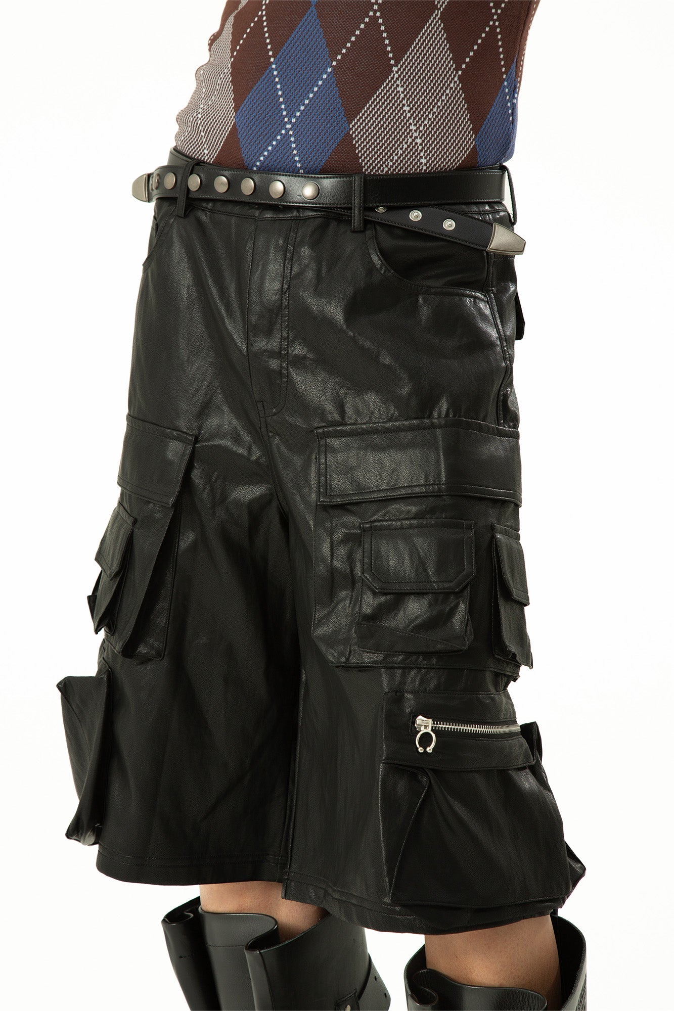 CLP Punk Faux Leather Multi-Pocket Cargo Shorts-Shorts-M-Black-Free Shipping Leatheretro