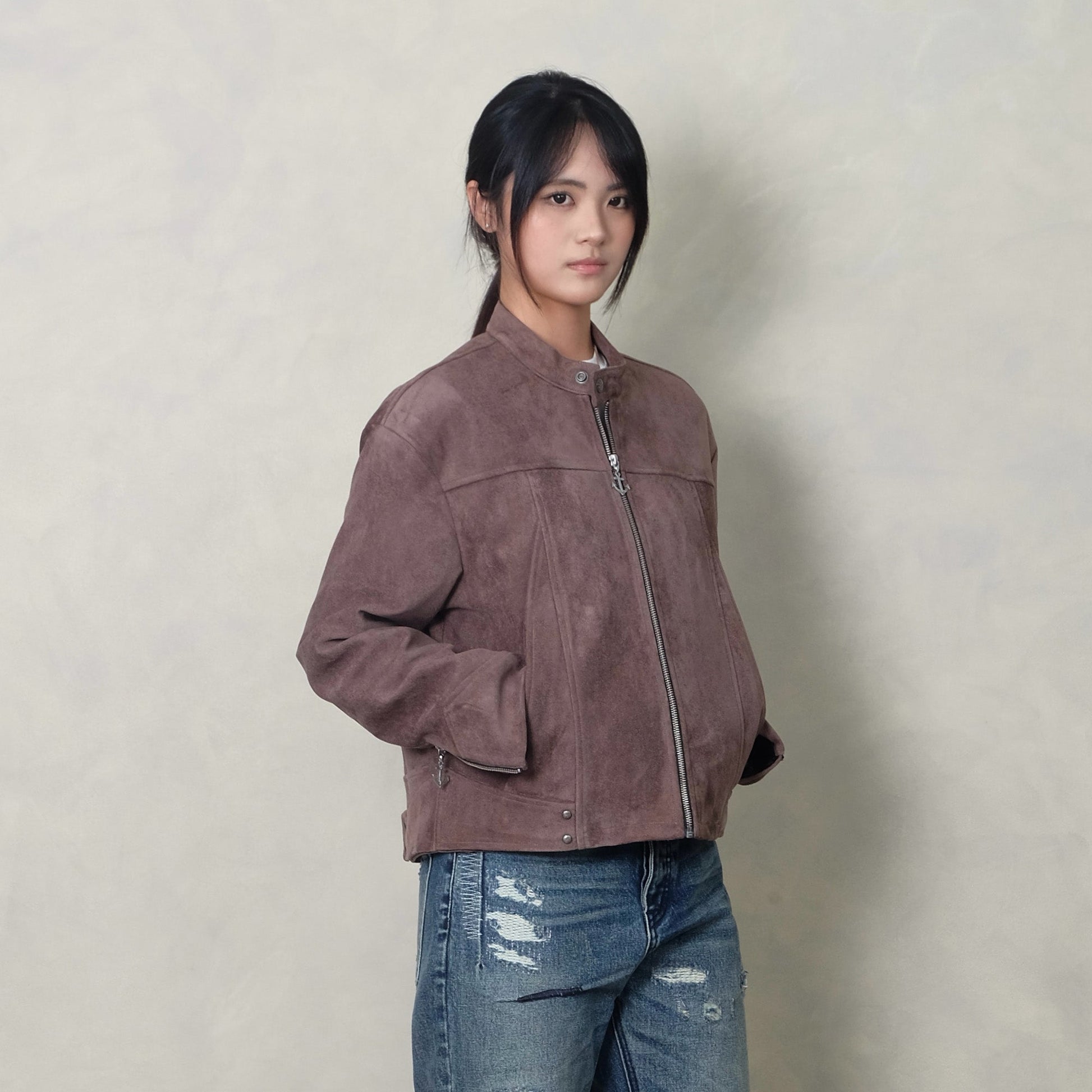 IN EXISTENCE Paneled Faux Suede Rivet Biker Jacket-Jacket-S-Coffee-Free Shipping Leatheretro