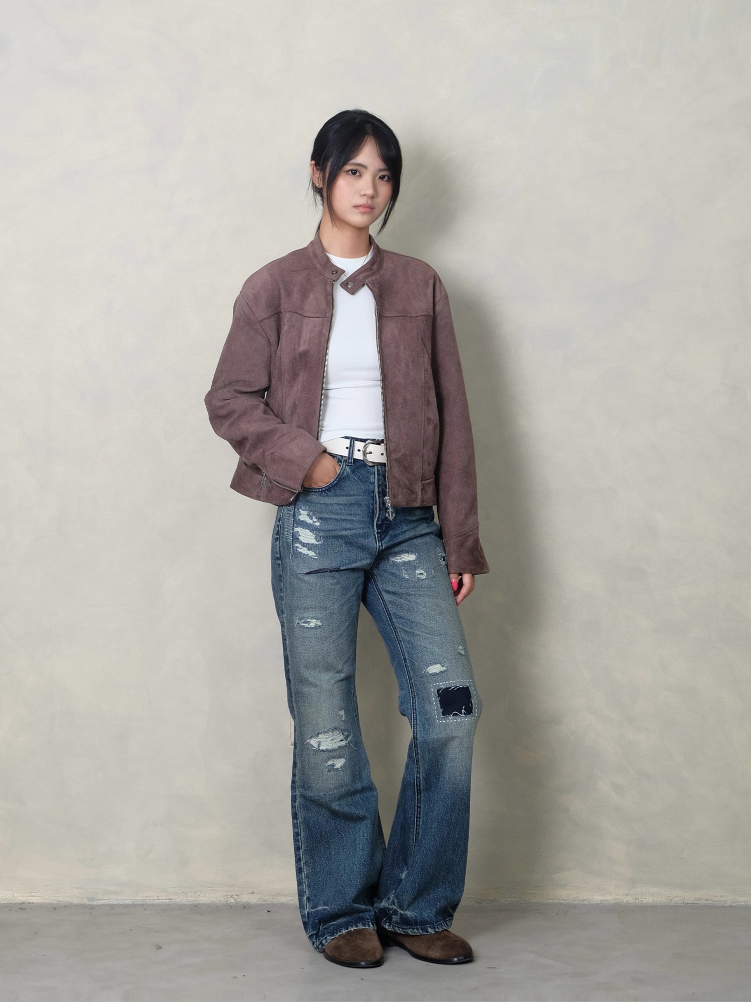 IN EXISTENCE Paneled Faux Suede Rivet Biker Jacket-Jacket-S-Coffee-Free Shipping Leatheretro