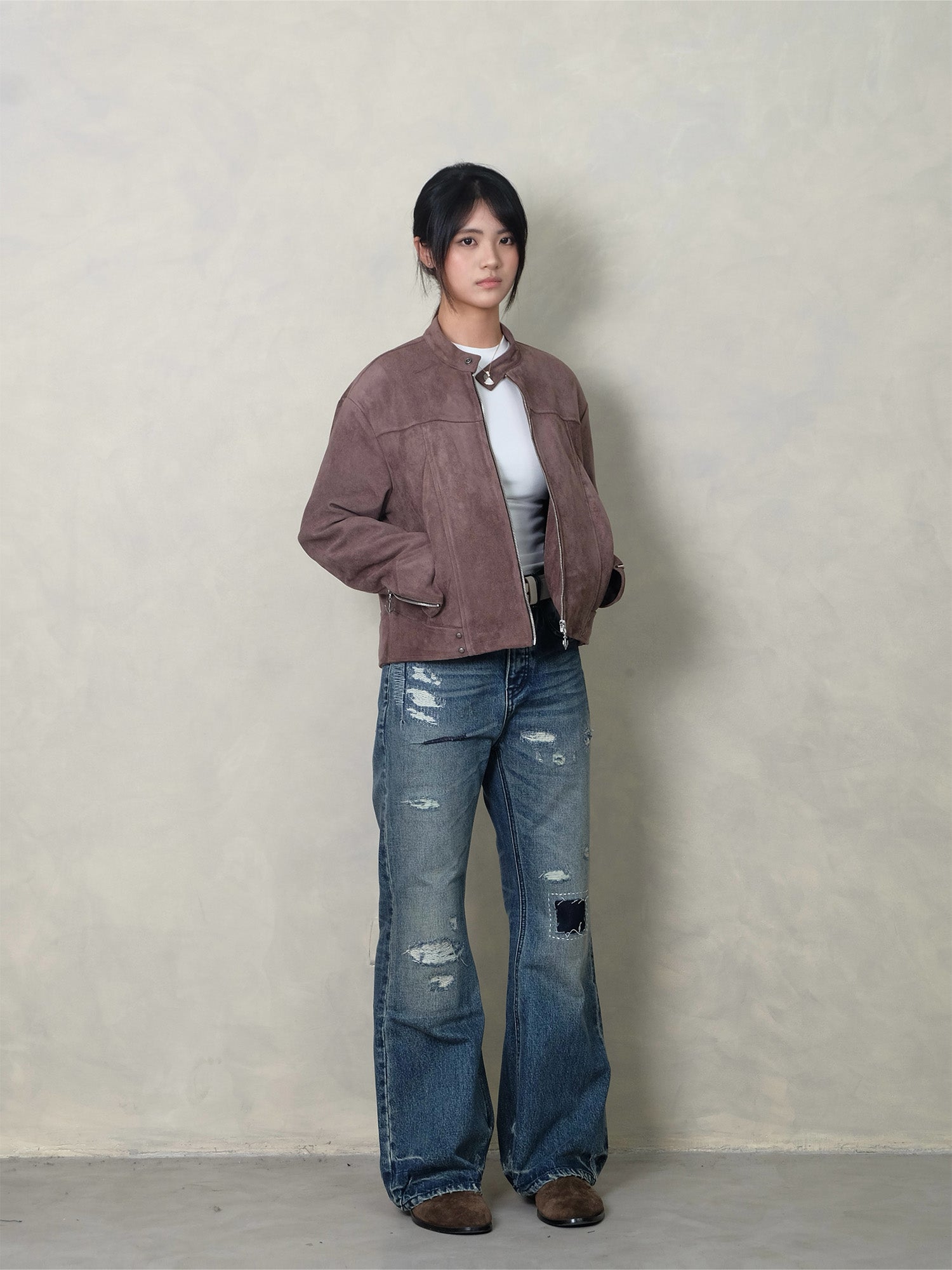 IN EXISTENCE Paneled Faux Suede Rivet Biker Jacket-Jacket-S-Coffee-Free Shipping Leatheretro