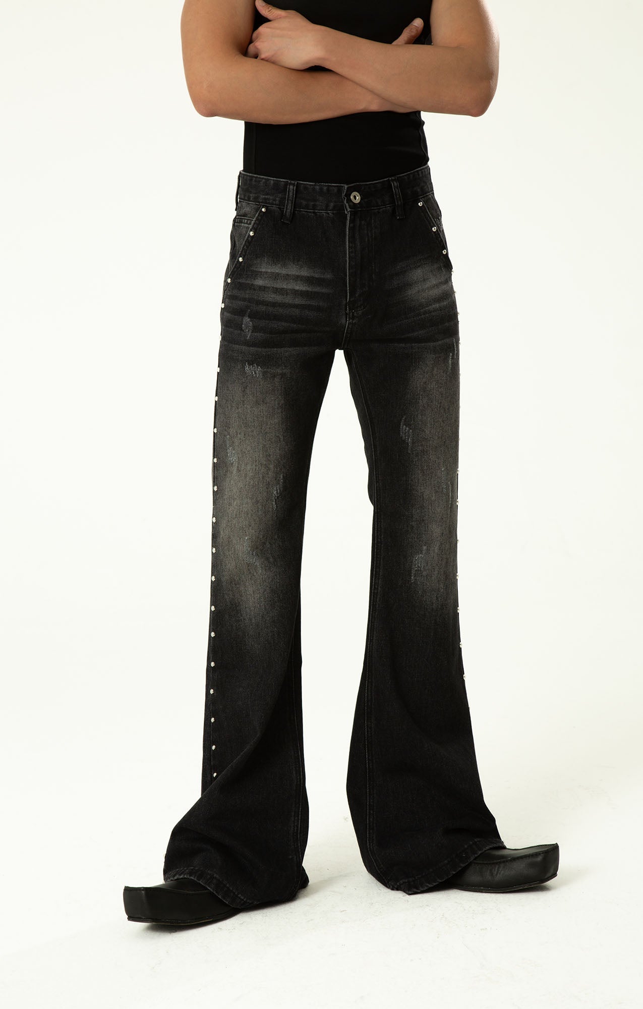 CLP Studded-Seam Flared Jeans-Jeans-S-Black-Free Shipping Leatheretro