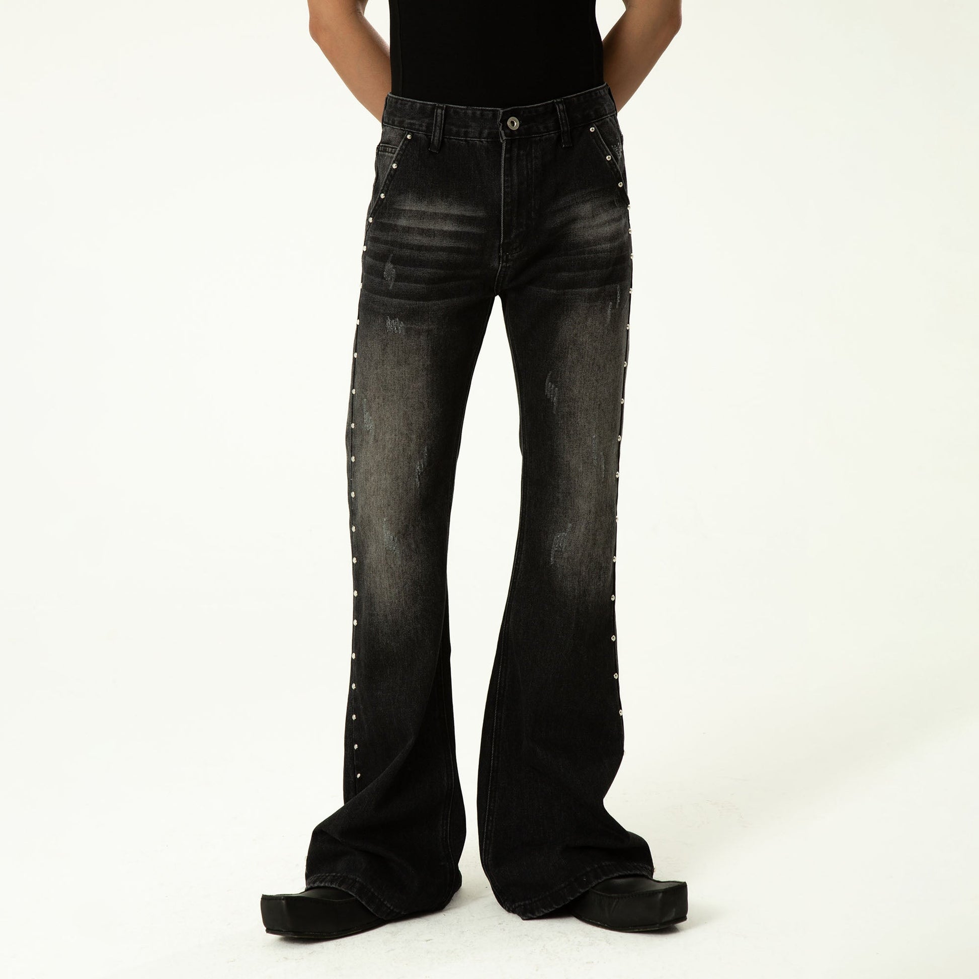CLP Studded-Seam Flared Jeans-Jeans-S-Black-Free Shipping Leatheretro