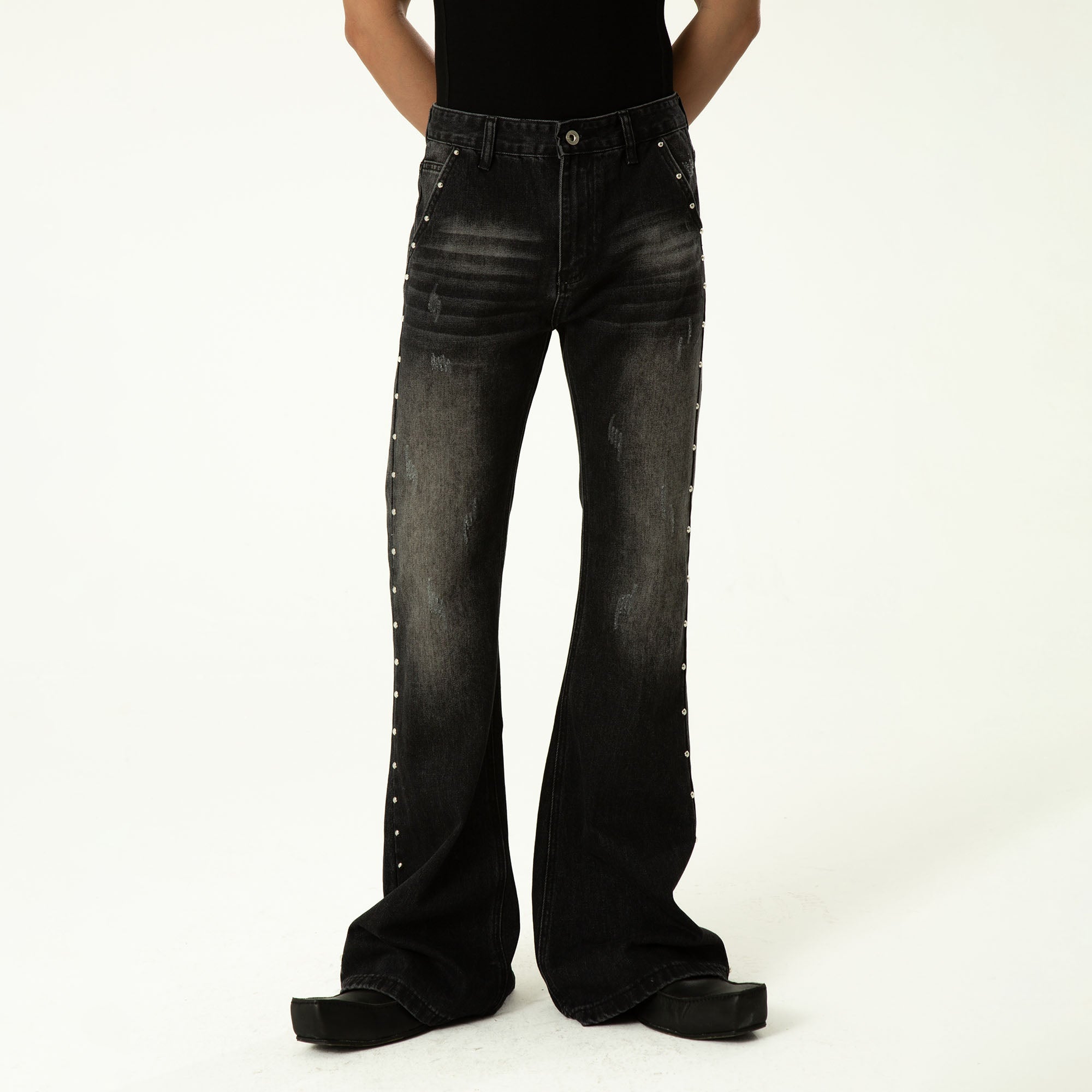 CLP Studded-Seam Flared Jeans-Jeans-S-Black-Free Shipping Leatheretro