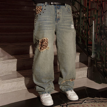 PHANTOMHUNTER Washed Leopard Patch Baggy Jeans-Jeans-S (Preorder)-Free Shipping Leatheretro