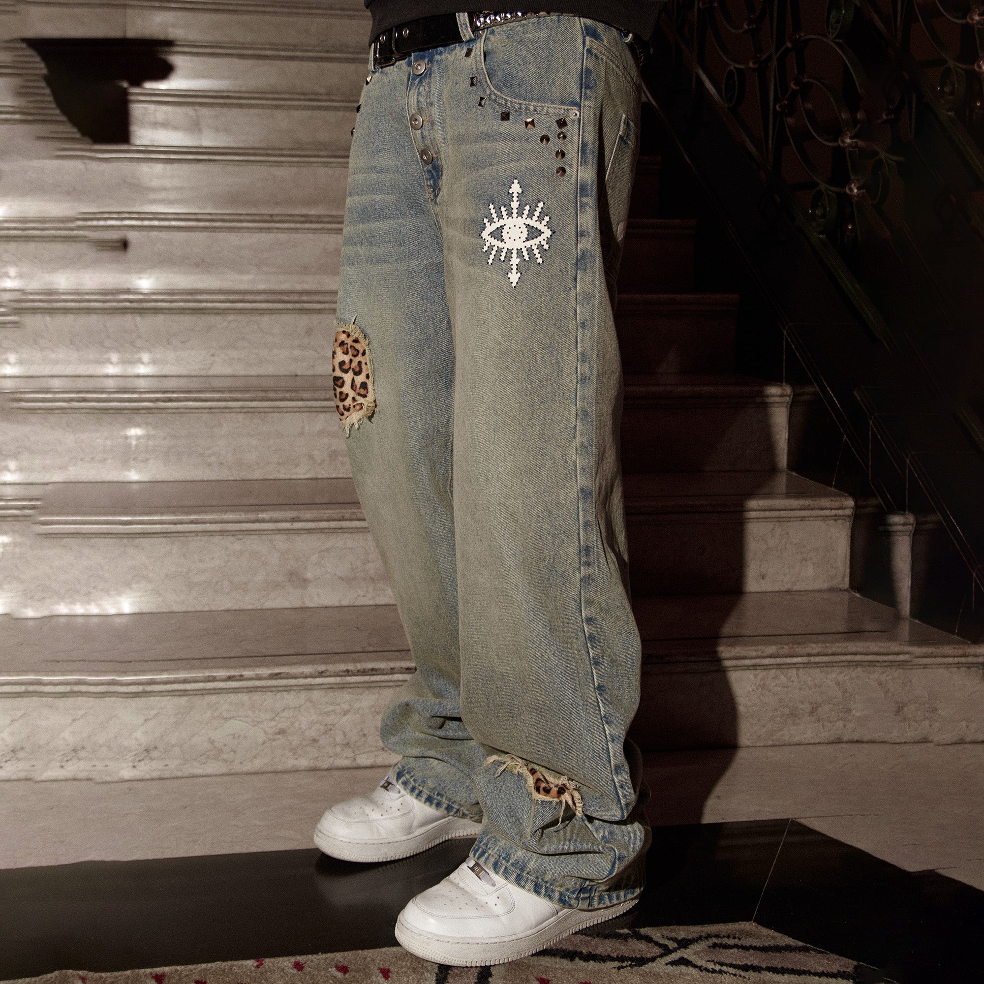 PHANTOMHUNTER Washed Leopard Patch Baggy Jeans-Jeans-S (Preorder)-Free Shipping Leatheretro
