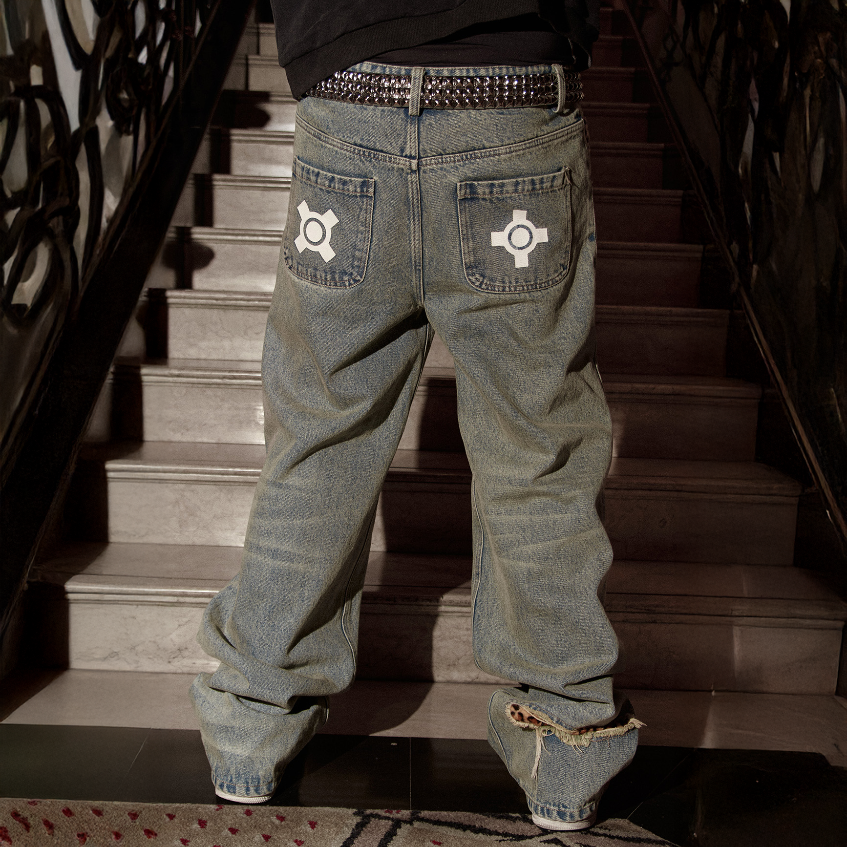 PHANTOMHUNTER Washed Leopard Patch Baggy Jeans-Jeans-S (Preorder)-Free Shipping Leatheretro