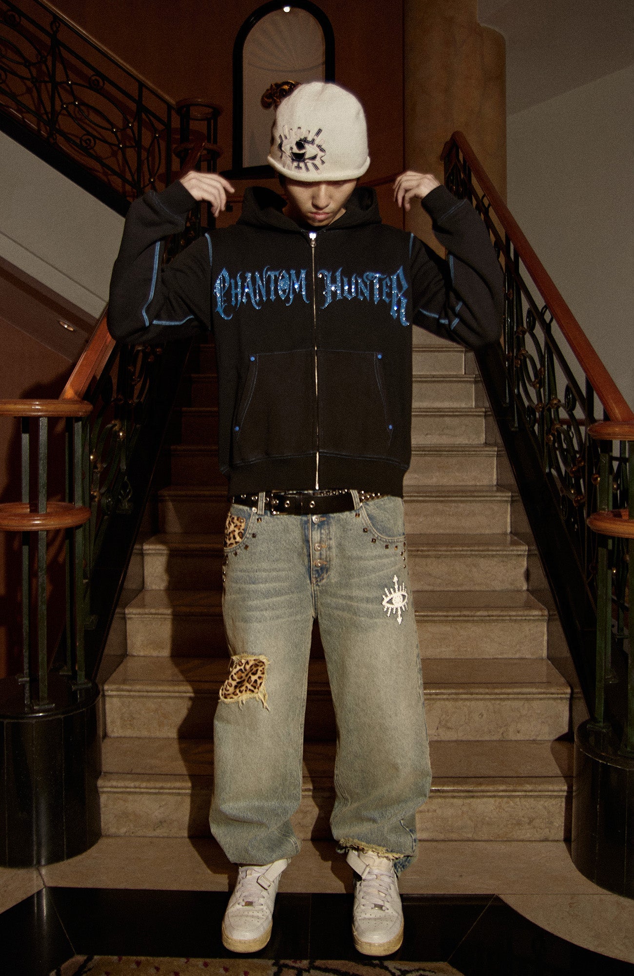PHANTOMHUNTER Washed Leopard Patch Baggy Jeans-Jeans-S (Preorder)-Free Shipping Leatheretro