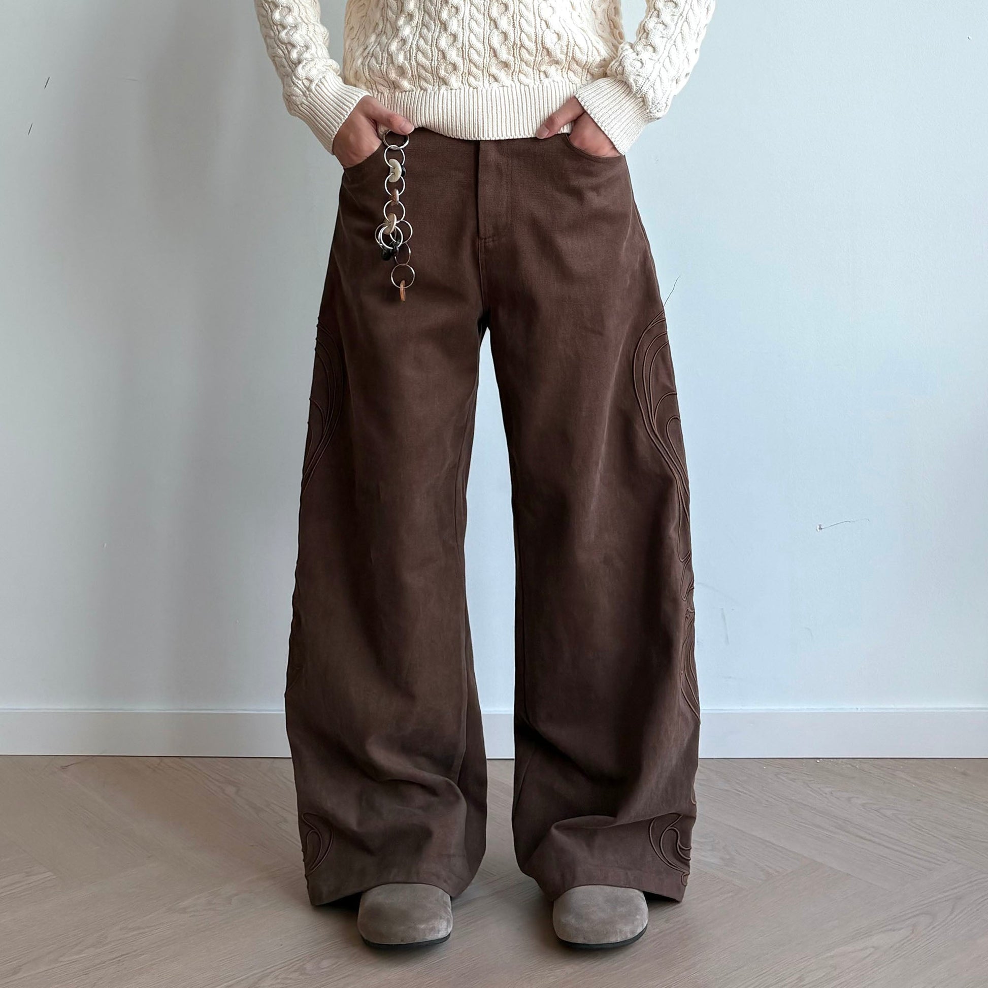 KREATE Totem Embroidered Oversized Straight-Leg Pants-Pants-S-Khaki-Free Shipping Leatheretro