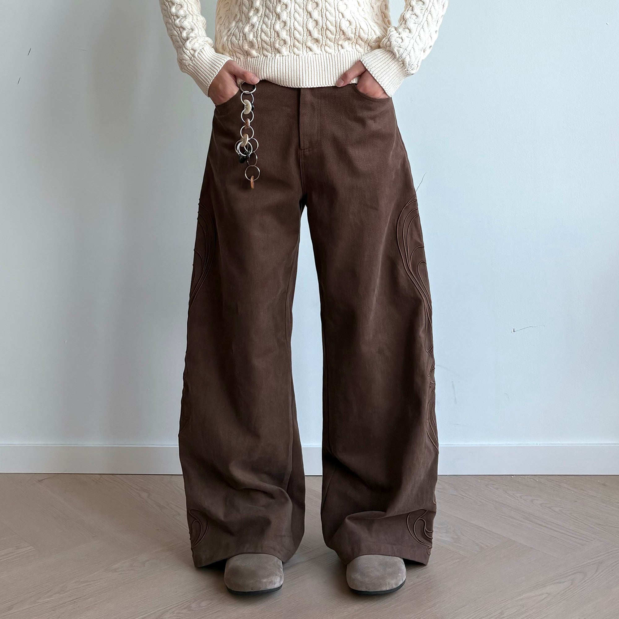 KREATE Totem Embroidered Oversized Straight-Leg Pants-Pants-S-Khaki-Free Shipping Leatheretro