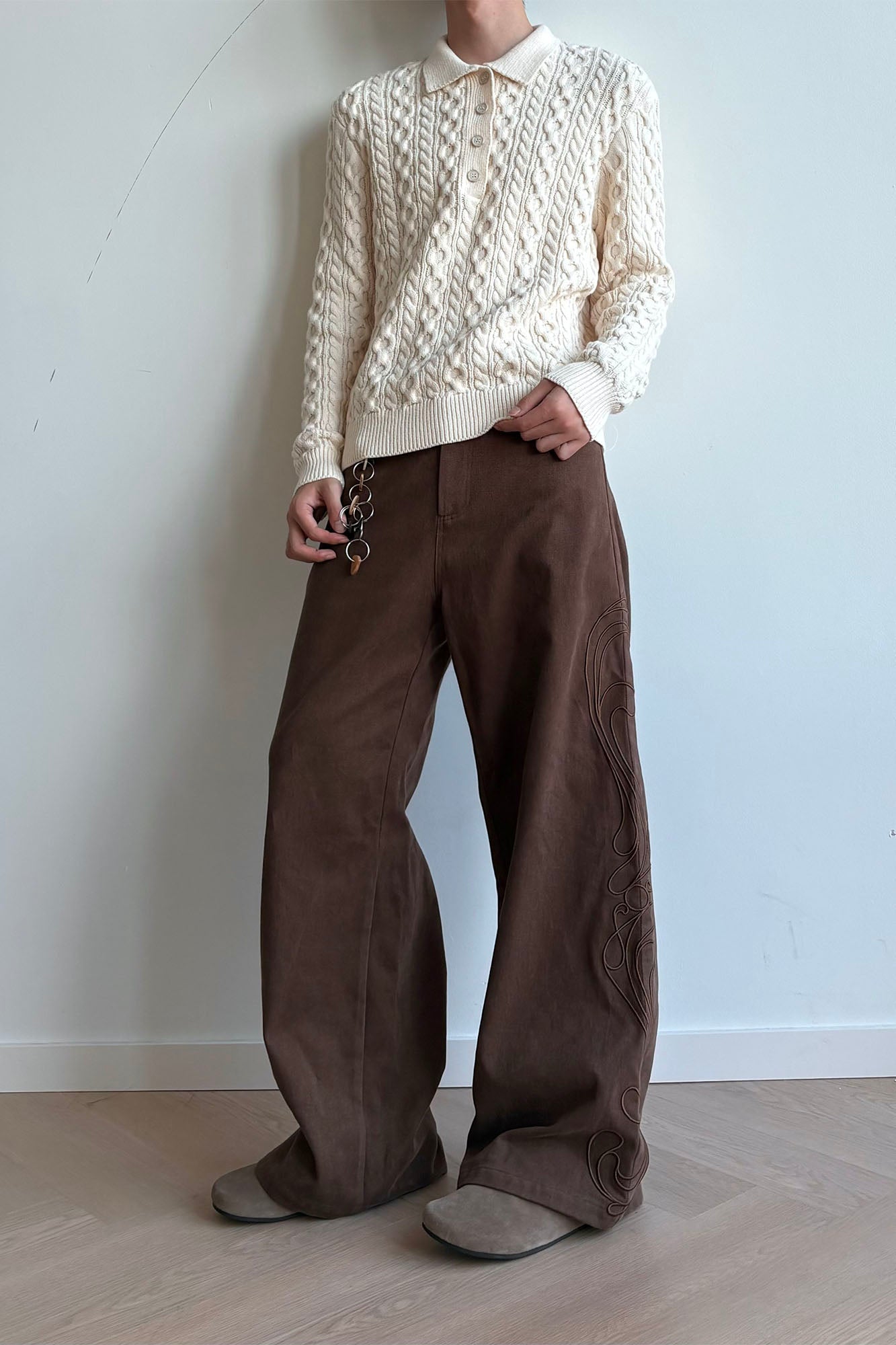KREATE Totem Embroidered Oversized Straight-Leg Pants-Pants-S-Khaki-Free Shipping Leatheretro