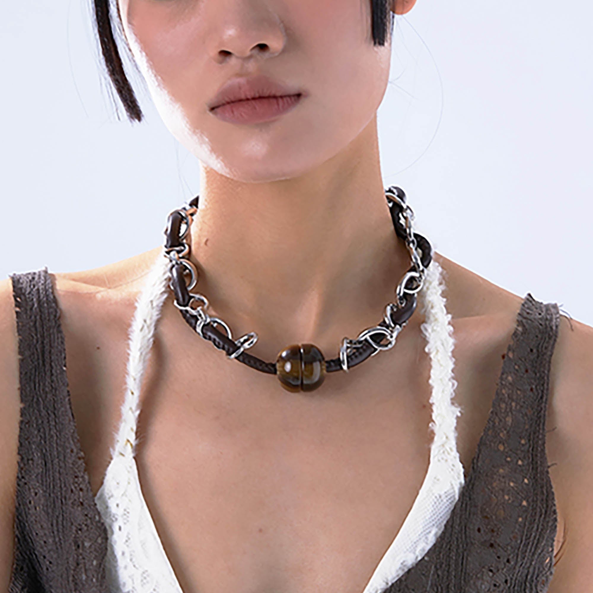 SCHWARZGOLD Leather Cord & Chain Snap Bead Necklace-Necklace-One Size-Free Shipping Leatheretro