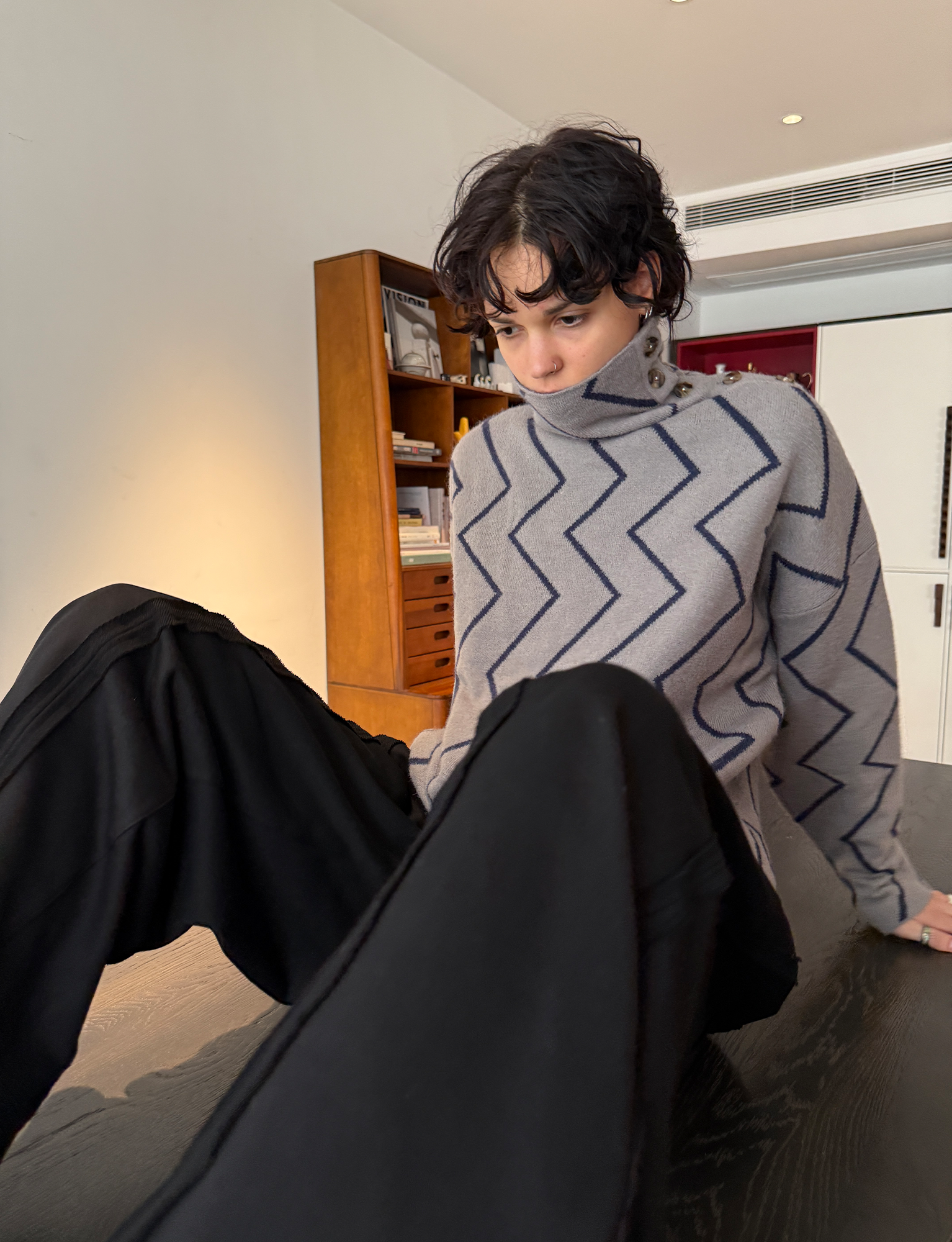 MIICHOUS Geometric Ripple Jacquard Asym High-Neck Sweater-Sweater-S-Light Gray-Free Shipping Leatheretro