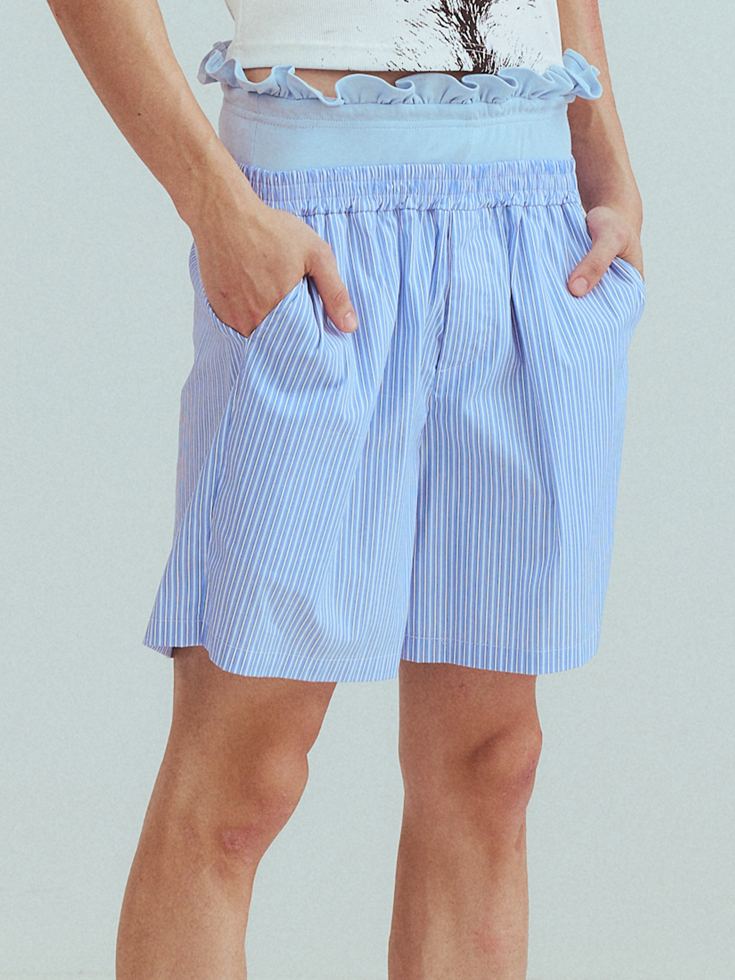 KADAKADA Retro Striped Ruffle-Waist Layered Shorts-Shorts-S (Preorder)-Pink-Free Shipping Leatheretro