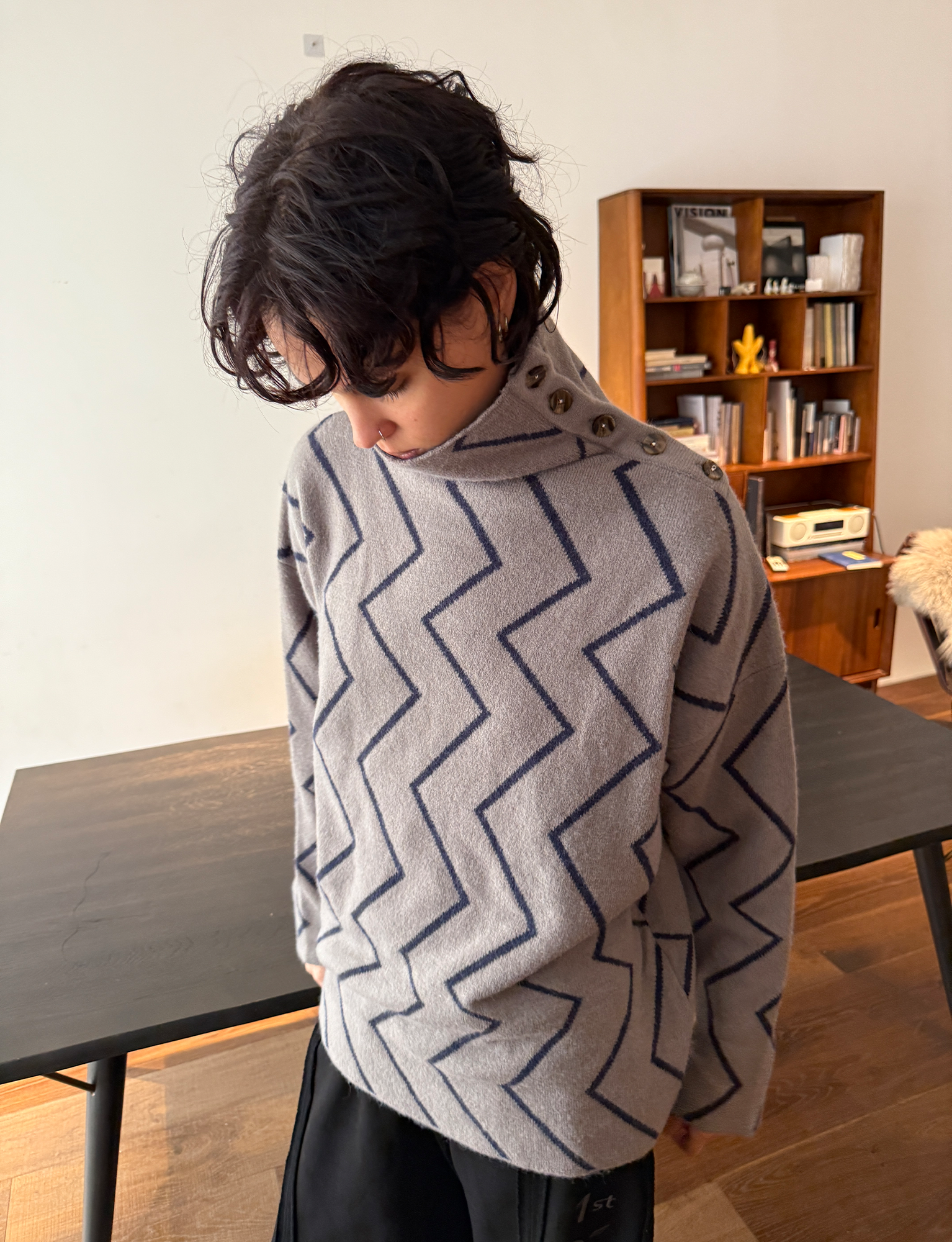 MIICHOUS Geometric Ripple Jacquard Asym High-Neck Sweater-Sweater-S-Light Gray-Free Shipping Leatheretro