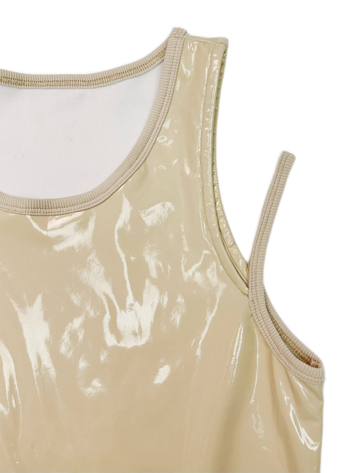 KADAKADA Patent Shine Layered Strap Ribbed Tank Top-Tank Top-M (Preorder)-Khaki-Free Shipping Leatheretro