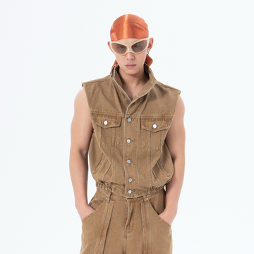 CLP Retro Stand Collar Denim Vest-Vest-M-Free Shipping Leatheretro