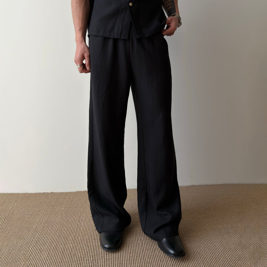 KREATE Stitched Drawstring Straight-Leg Trousers-Pants-S (Preorder)-Black-Free Shipping Leatheretro