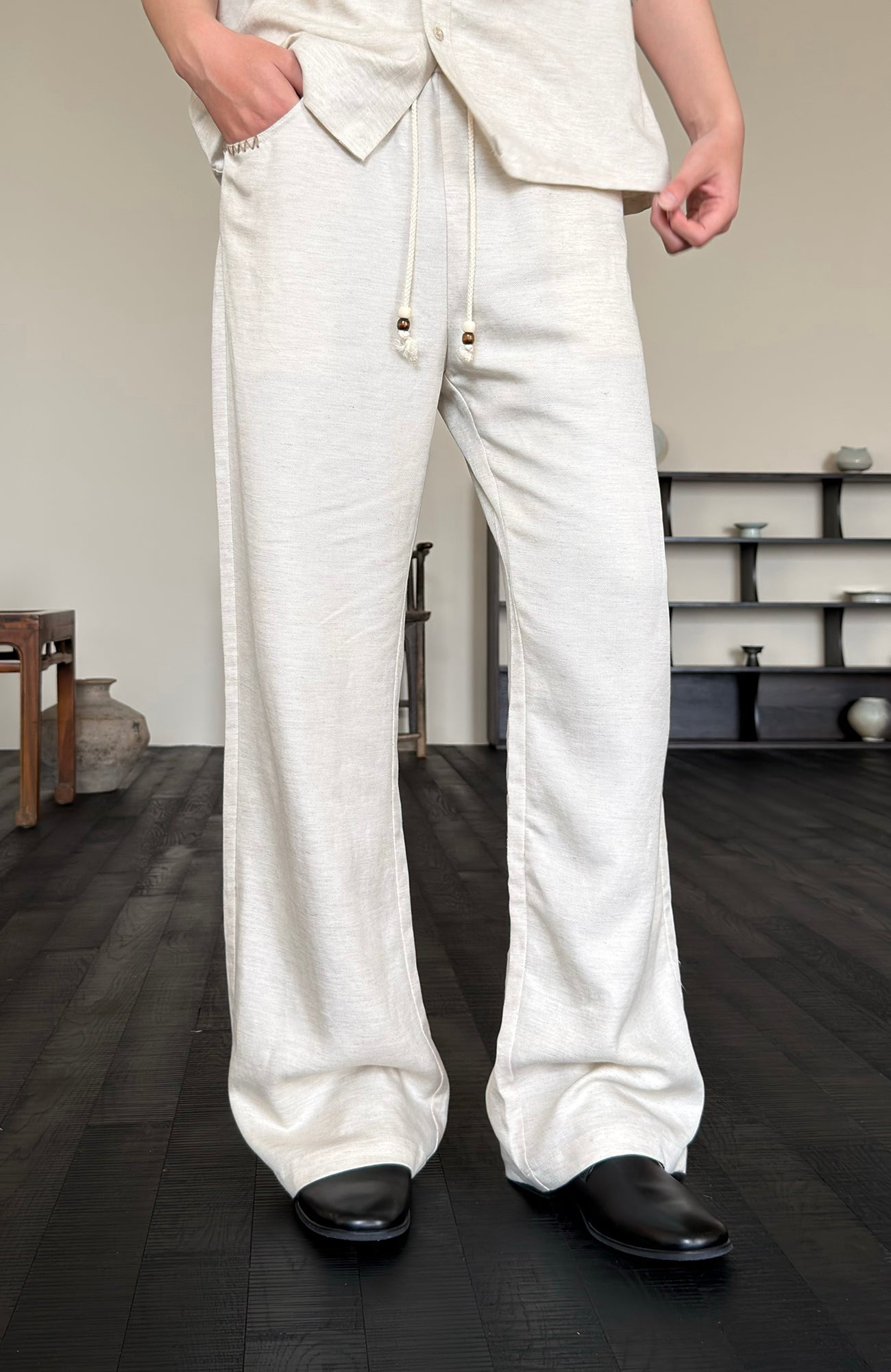 KREATE Stitched Drawstring Straight-Leg Trousers-Pants-S (Preorder)-Black-Free Shipping Leatheretro