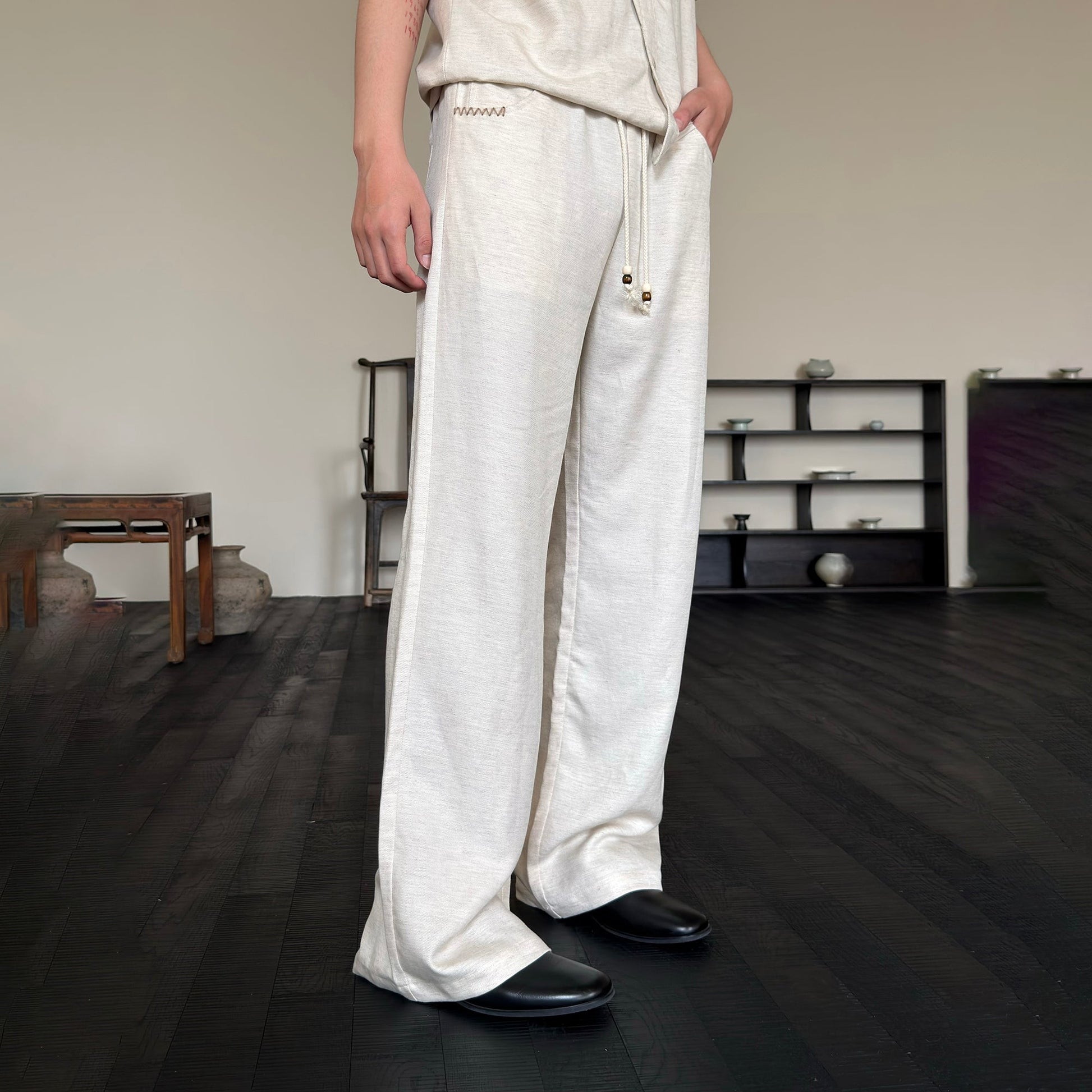 KREATE Stitched Drawstring Straight-Leg Trousers-Pants-S (Preorder)-Black-Free Shipping Leatheretro