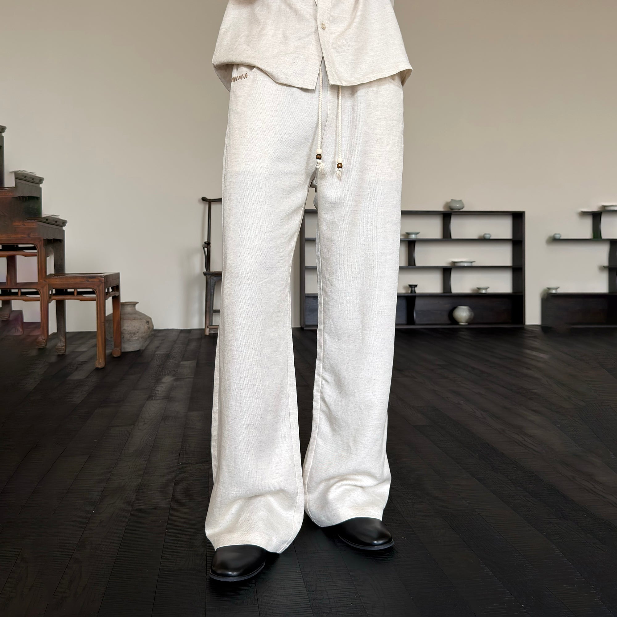 KREATE Stitched Drawstring Straight-Leg Trousers-Pants-S (Preorder)-Apricot-Free Shipping Leatheretro