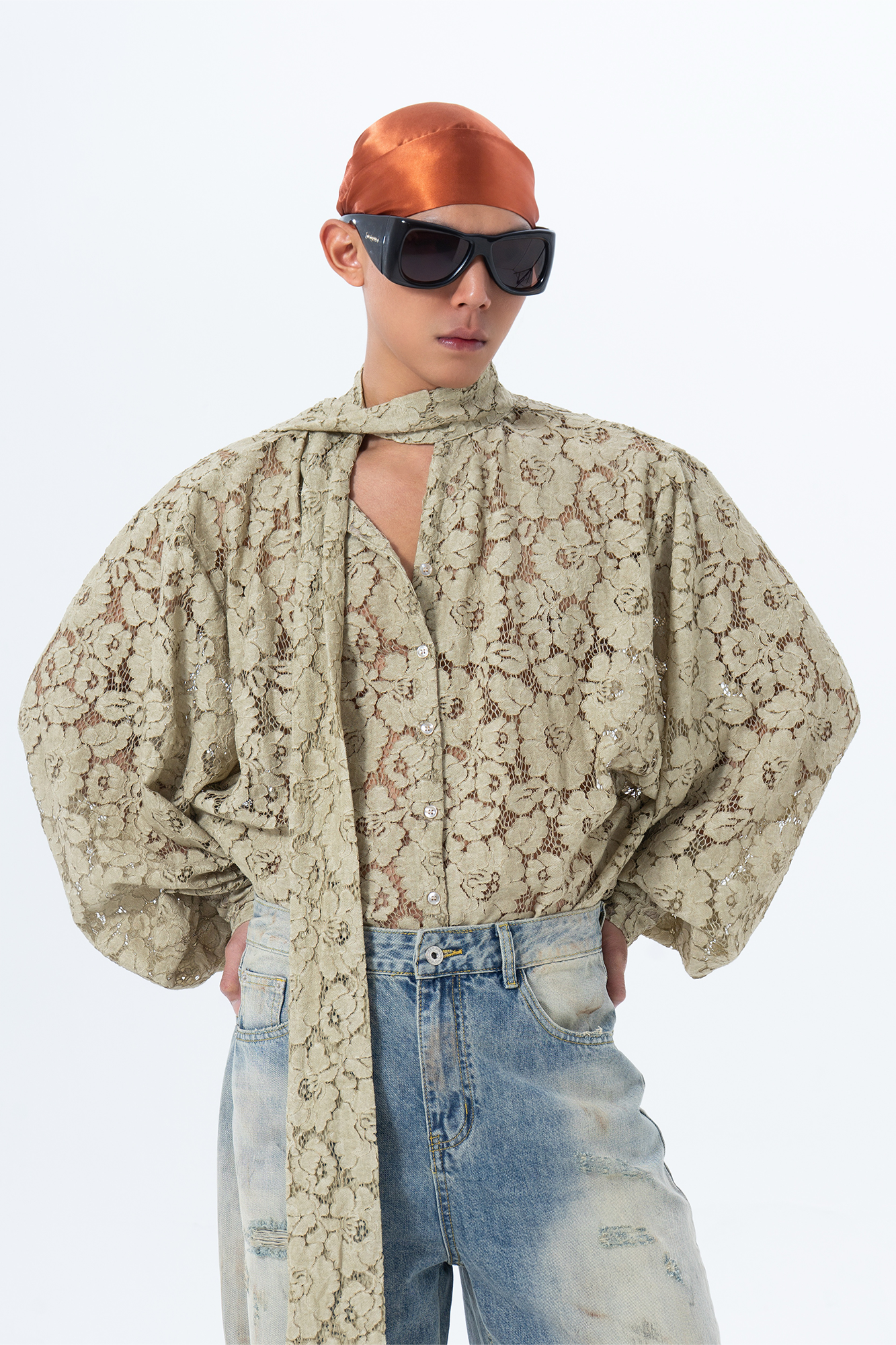 CLP Floral Lace Tie-Neck Shirt-Shirt-S-White (Preorder)-Free Shipping Leatheretro
