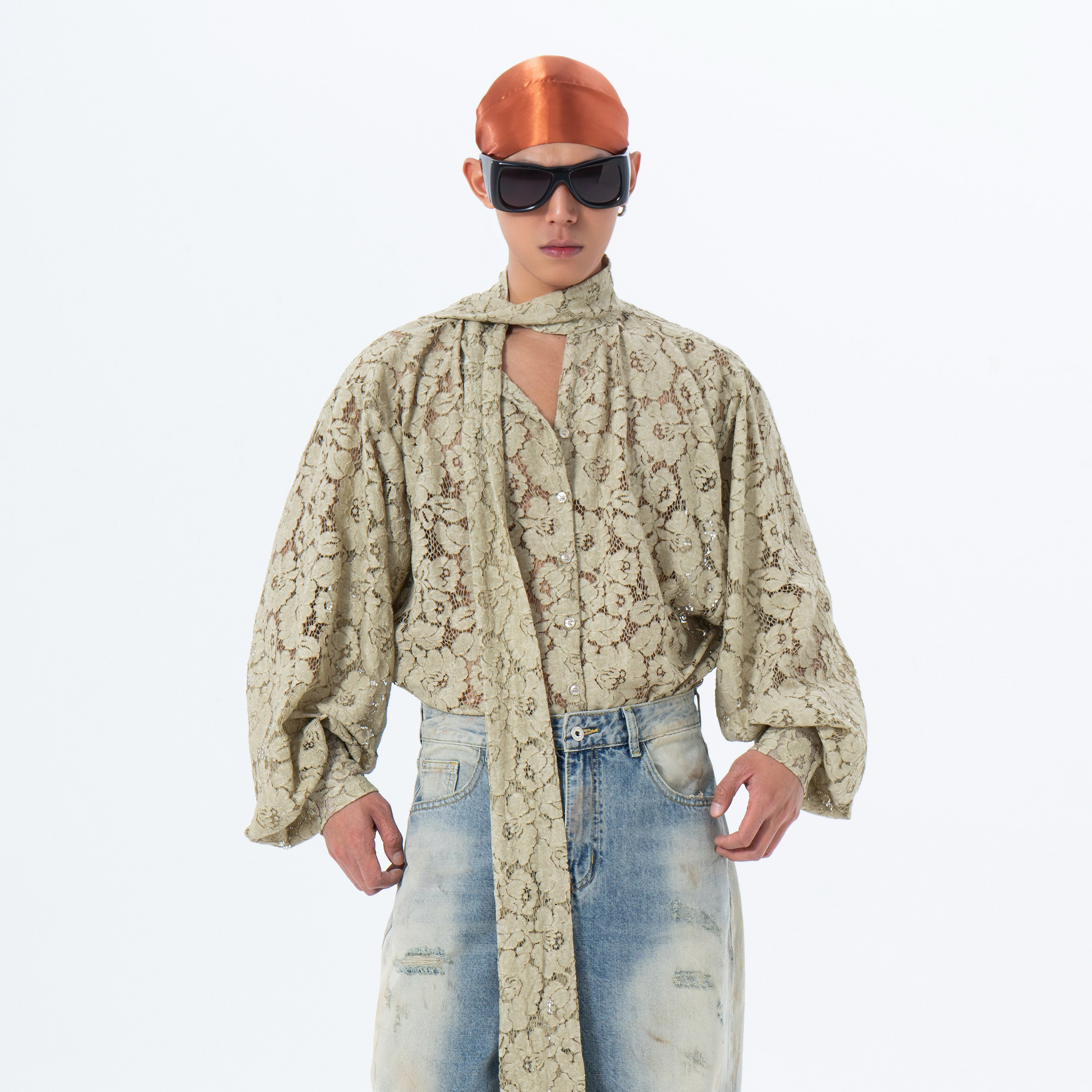 CLP Floral Lace Tie-Neck Shirt-Shirt-S-Khaki (Preorder)-Free Shipping Leatheretro