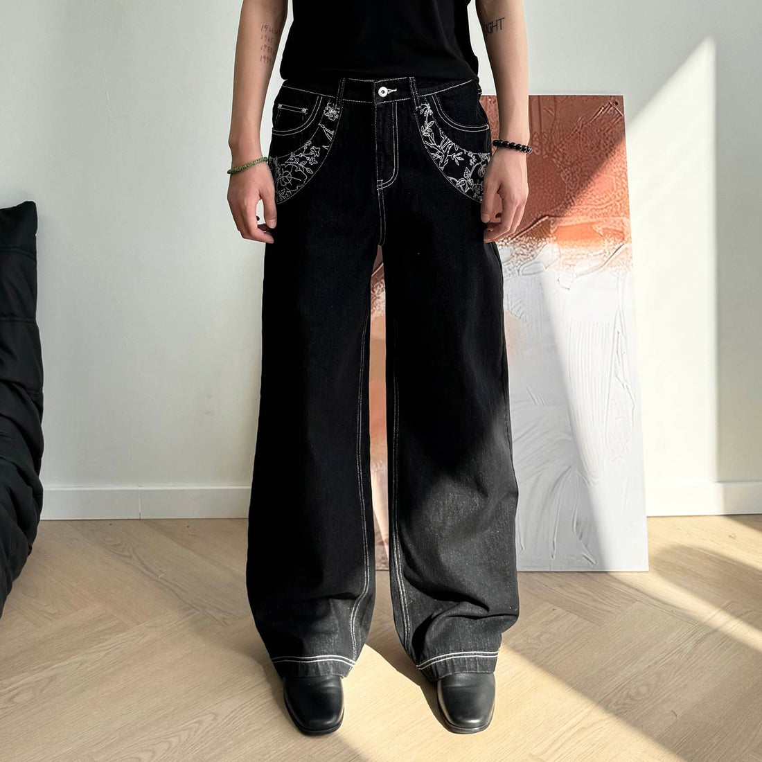 KREATE Floral Embroidered Spliced Wide-Leg Jeans-Jeans-S-Free Shipping Leatheretro