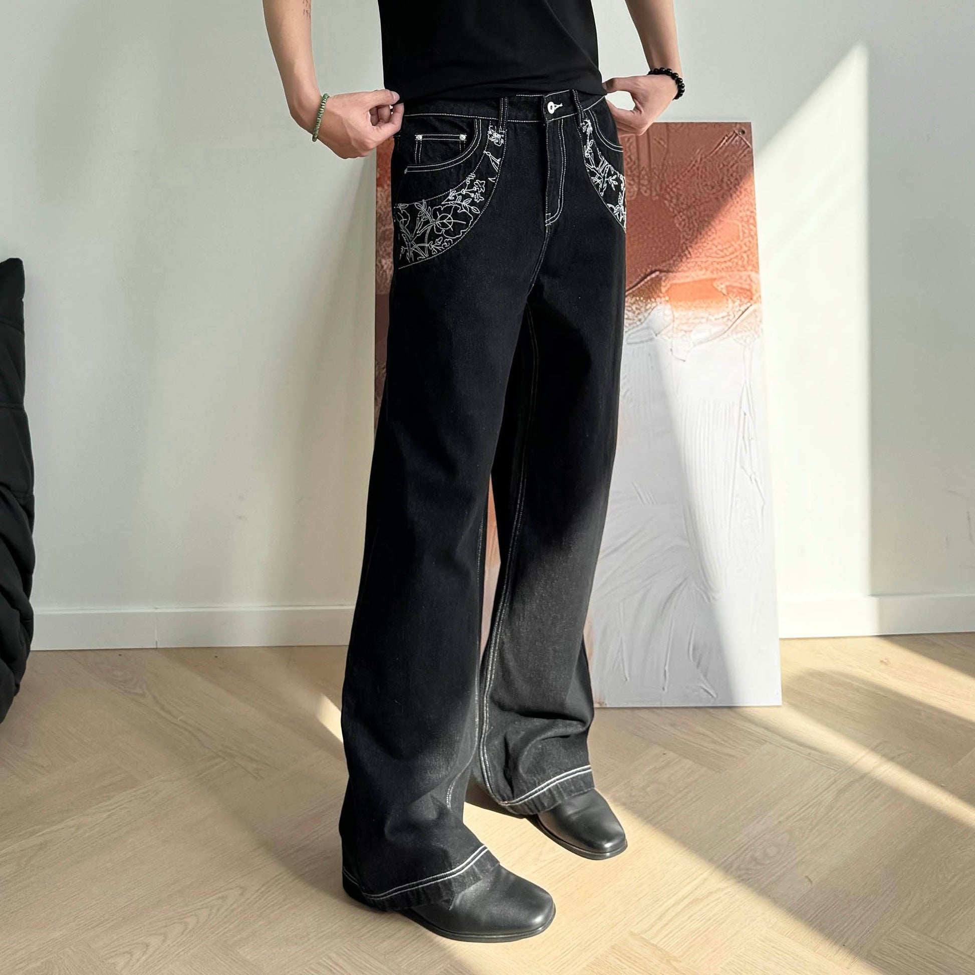 KREATE Floral Embroidered Spliced Wide-Leg Jeans-Jeans-S-Free Shipping Leatheretro