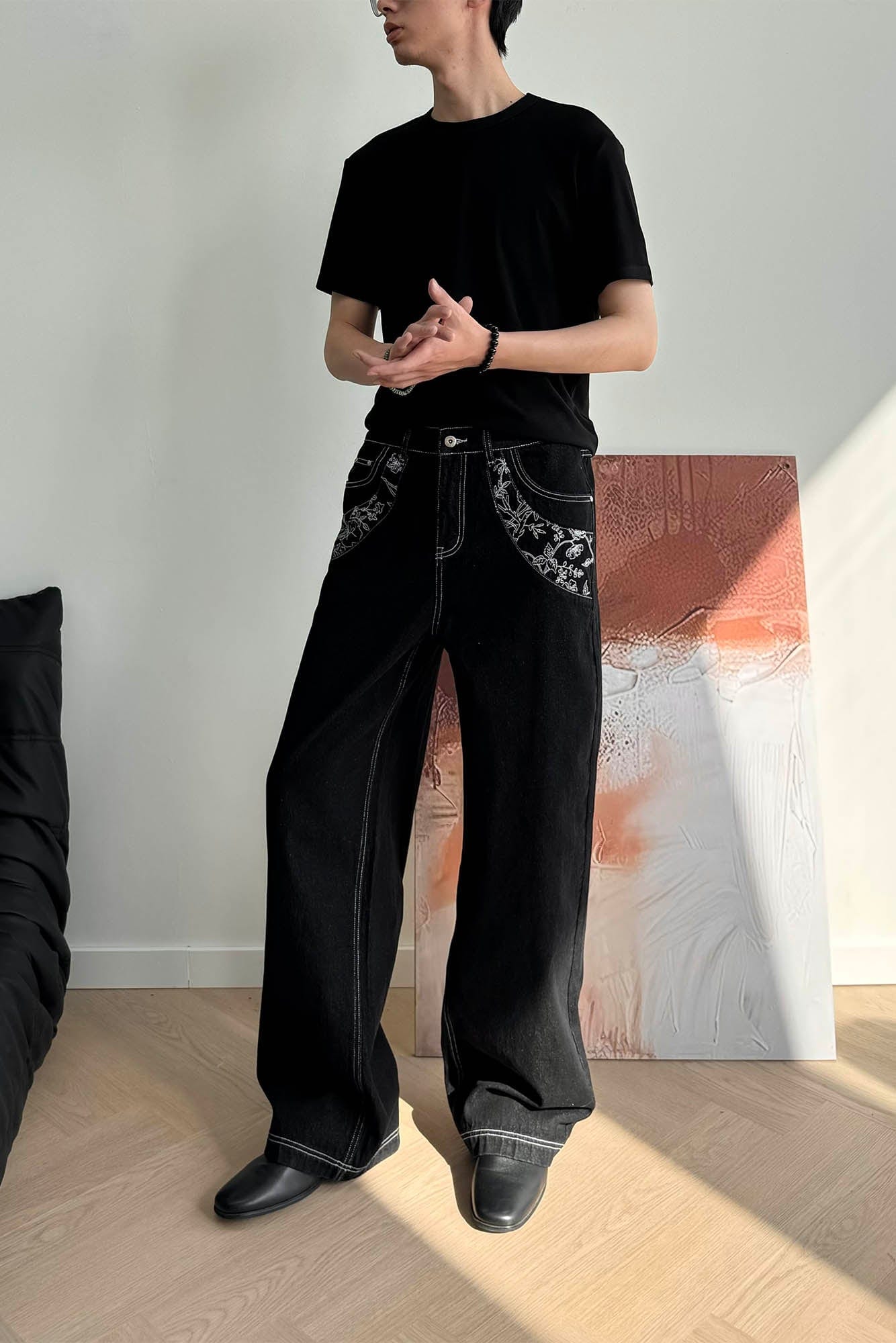 KREATE Floral Embroidered Spliced Wide-Leg Jeans-Jeans-S-Free Shipping Leatheretro