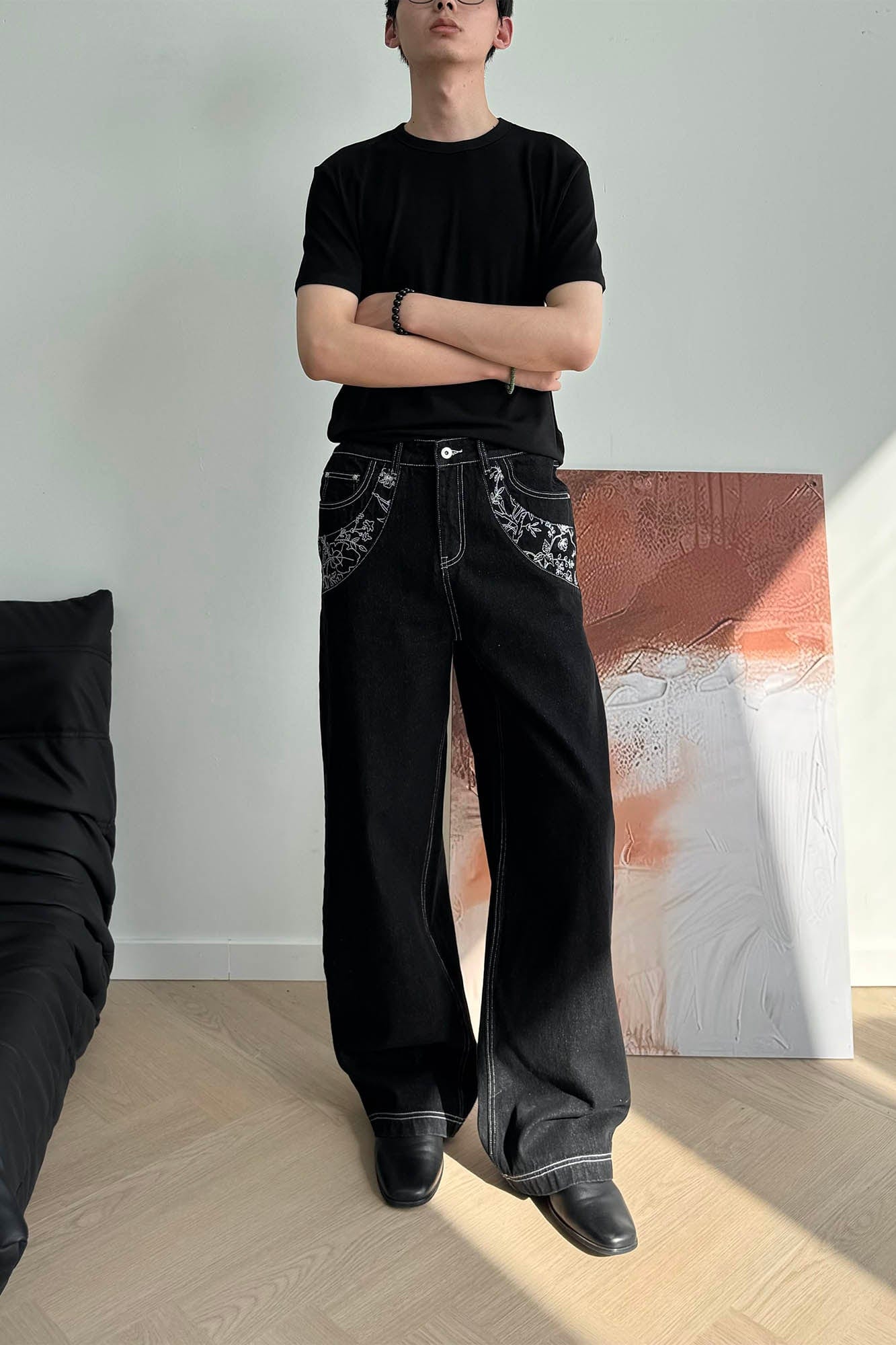 KREATE Floral Embroidered Spliced Wide-Leg Jeans-Jeans-S-Free Shipping Leatheretro