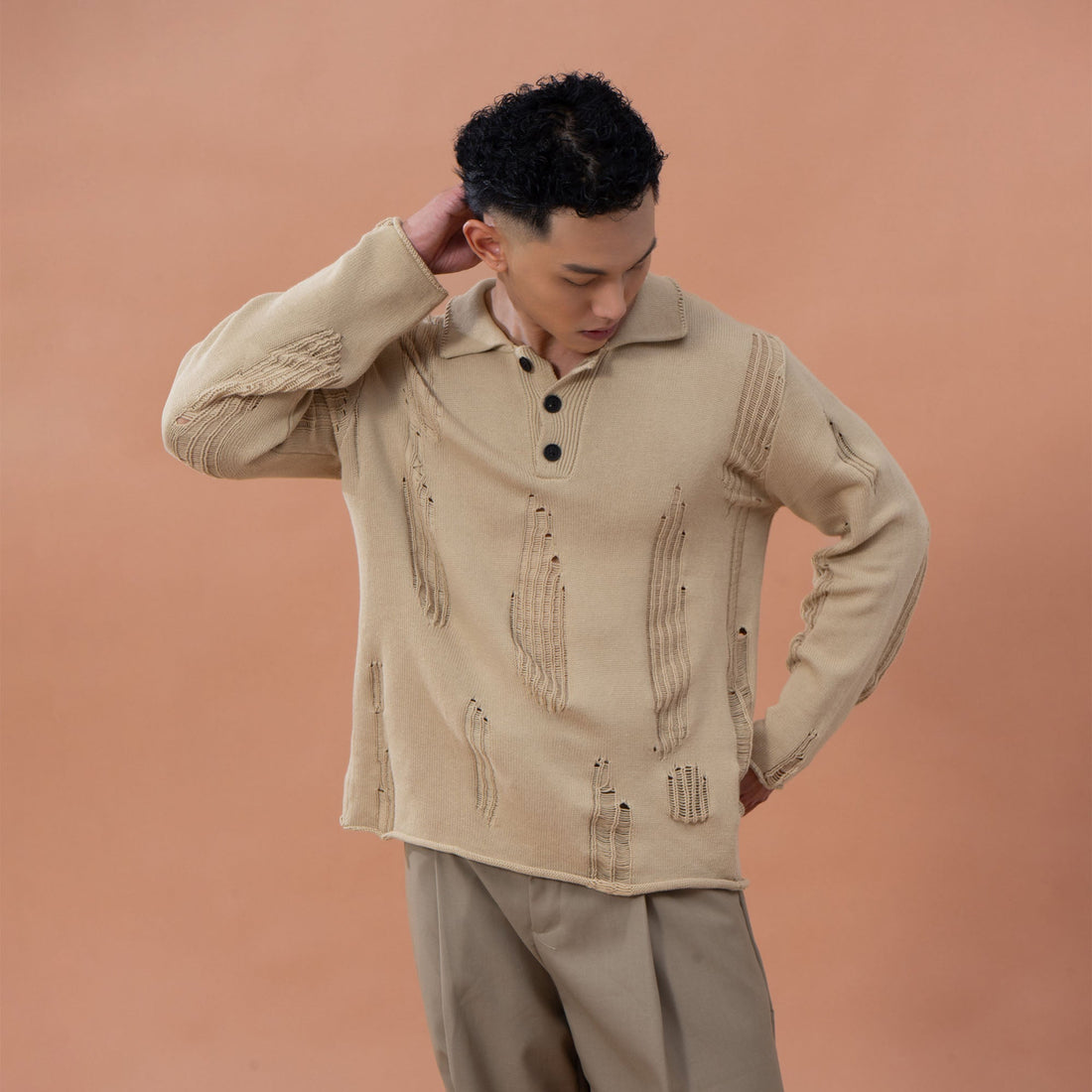 CLP Distressed Polo Sweater-Sweater-M-Dark Green-Free Shipping Leatheretro