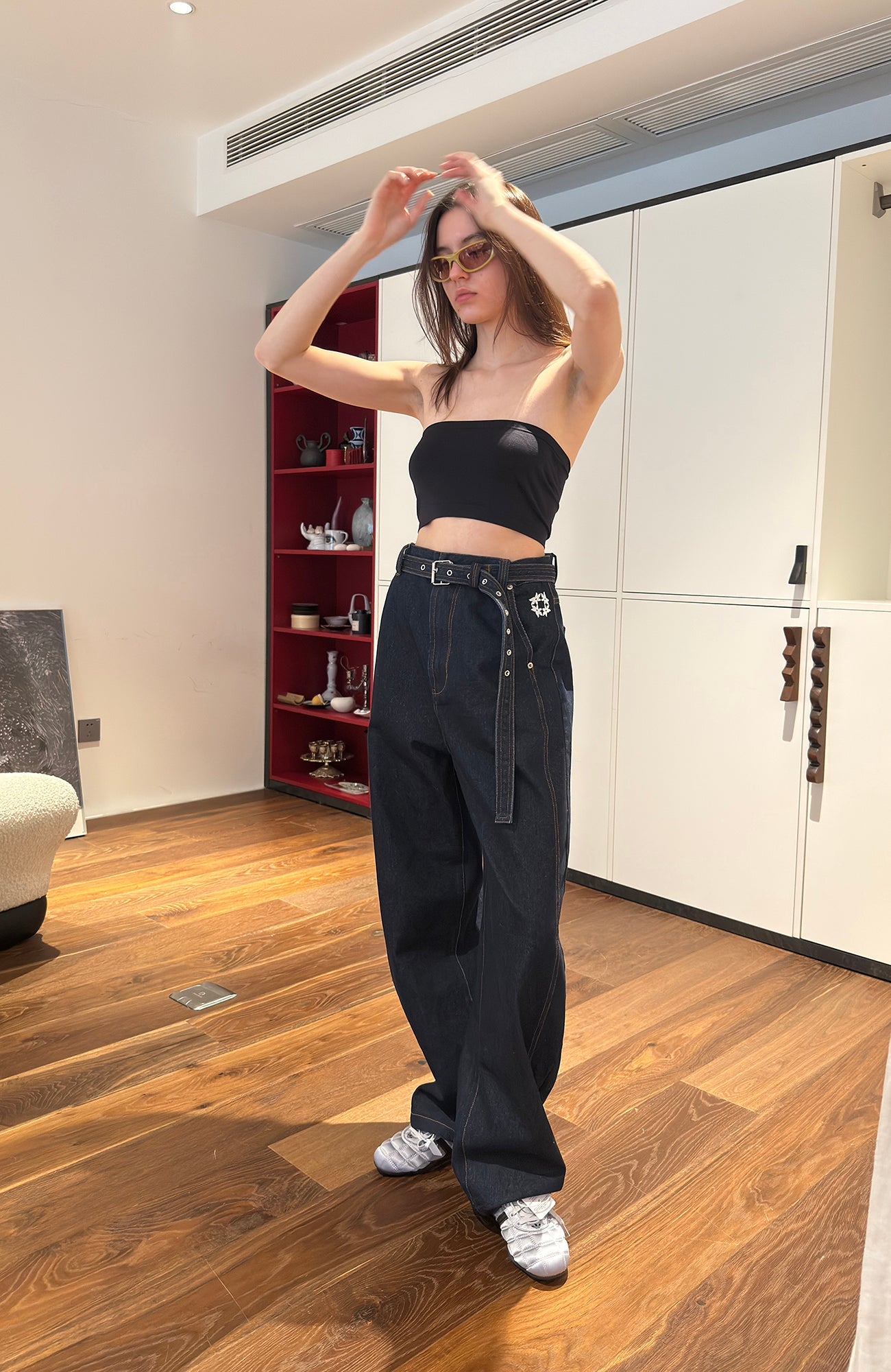 MIICHOUS Belted Curved-Leg Embroidered Raw Denim-Pants-S-Free Shipping Leatheretro