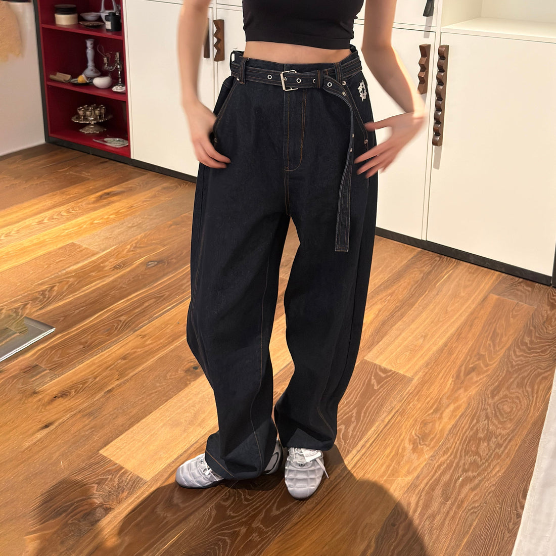 MIICHOUS Belted Curved-Leg Embroidered Raw Denim-Pants-S-Free Shipping Leatheretro