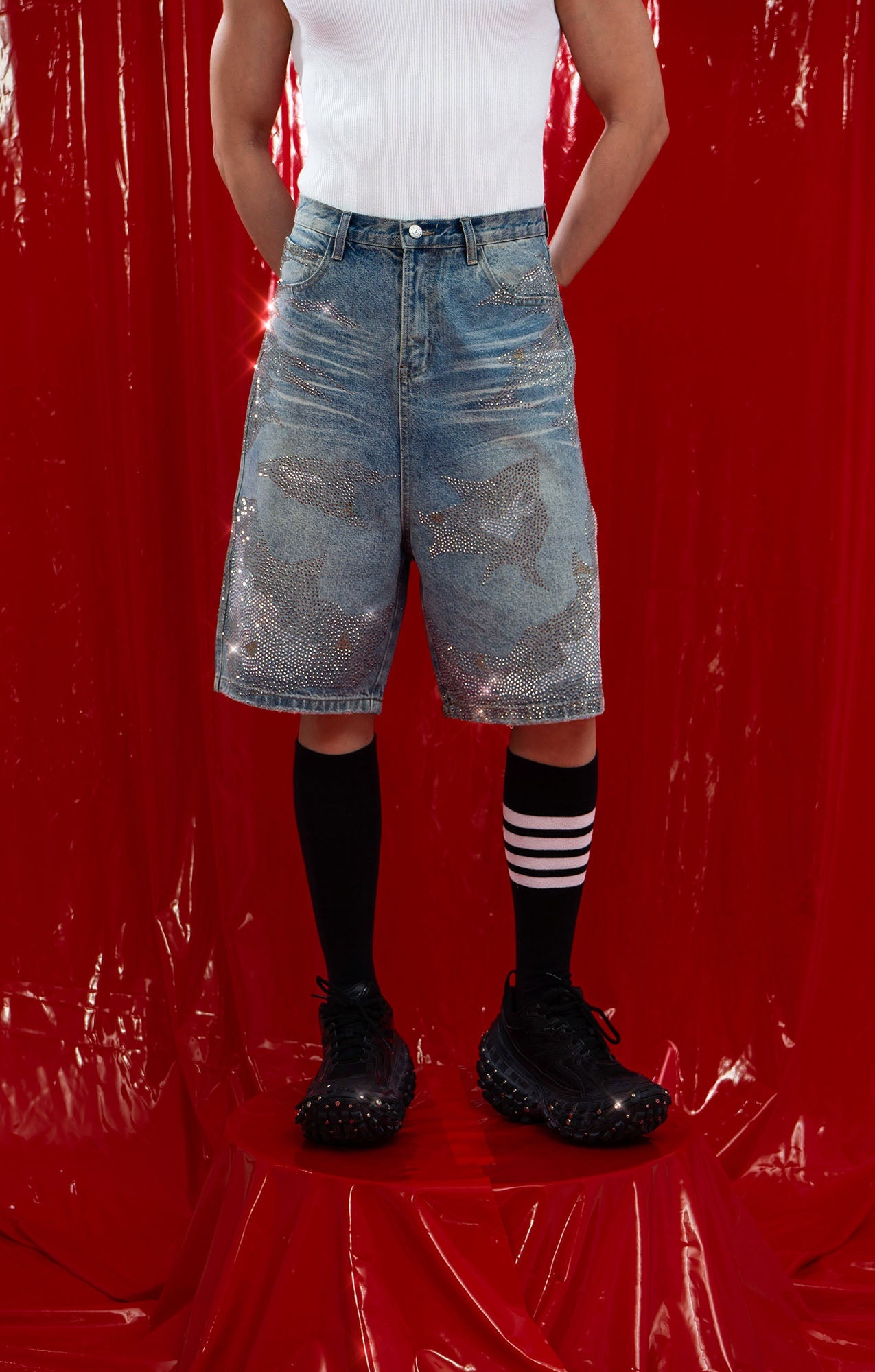 CLP Diamond Distressed Straight-Leg Jorts-Shorts-M-Blue-Free Shipping Leatheretro