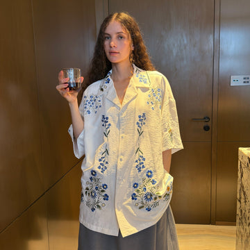 MIICHOUS Floral Embroidered Cuban Half Shirt-Half shirt-S-Free Shipping Leatheretro