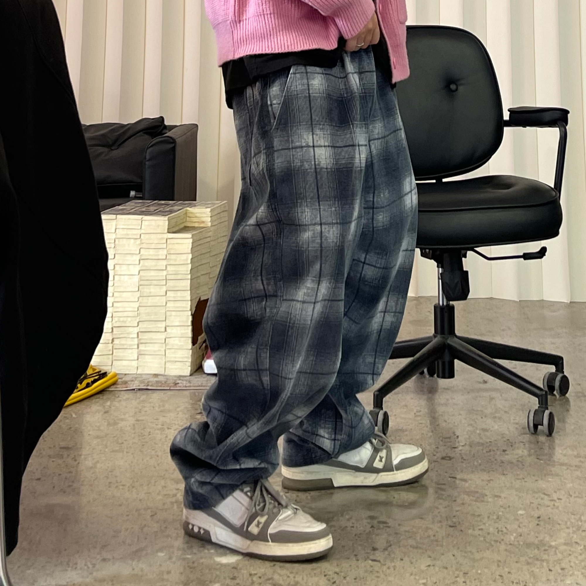 ME DA IGUAL Washed Plaid Tappered Pants Gray-Pants-M-Free Shipping Leatheretro