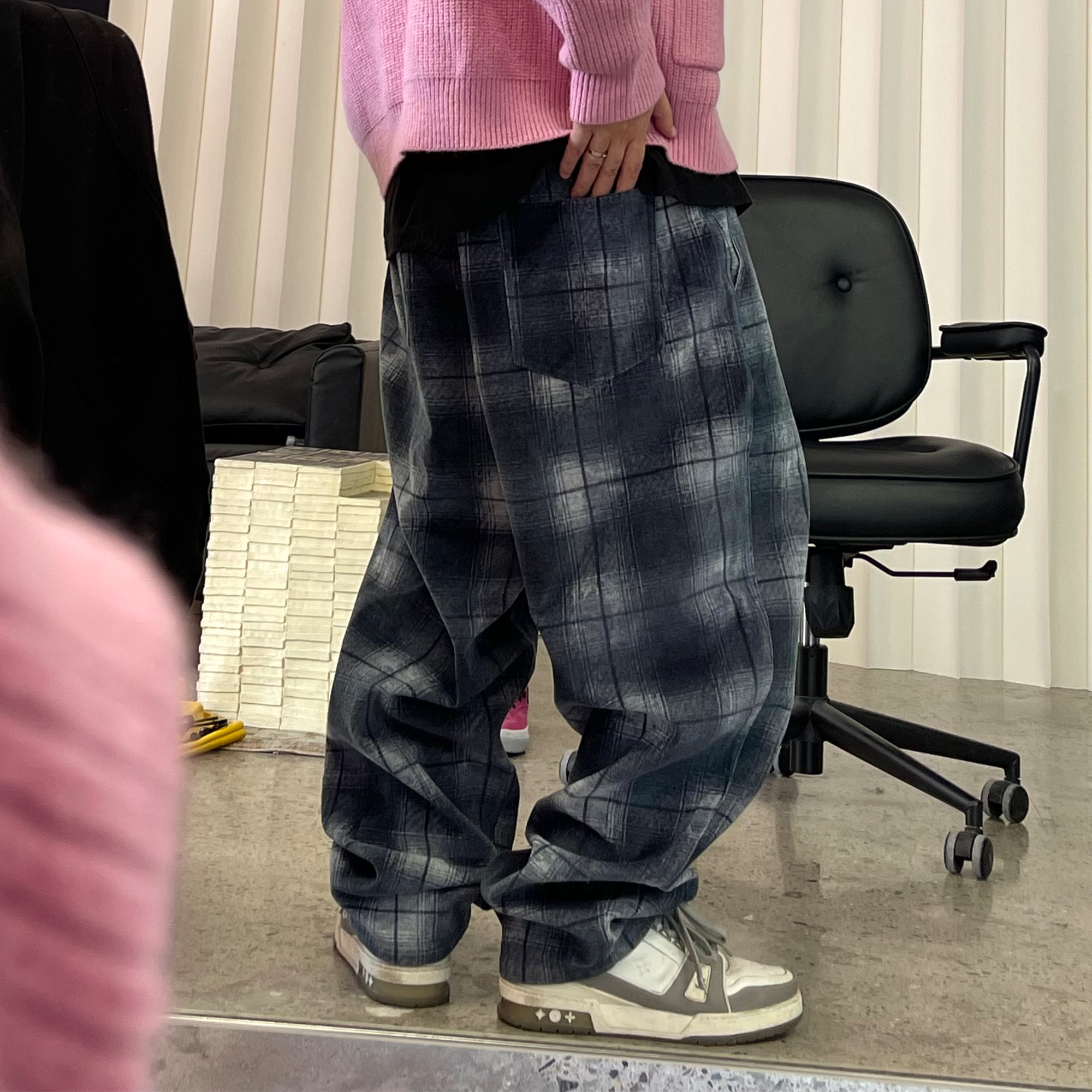 ME DA IGUAL Washed Plaid Tappered Pants Gray-Pants-M-Free Shipping Leatheretro