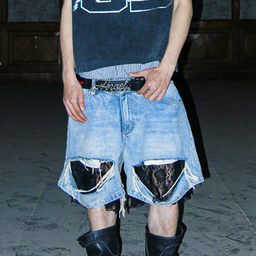 PCCVISION Lace-Spliced Denim Shorts-Jeans-S-Free Shipping Leatheretro