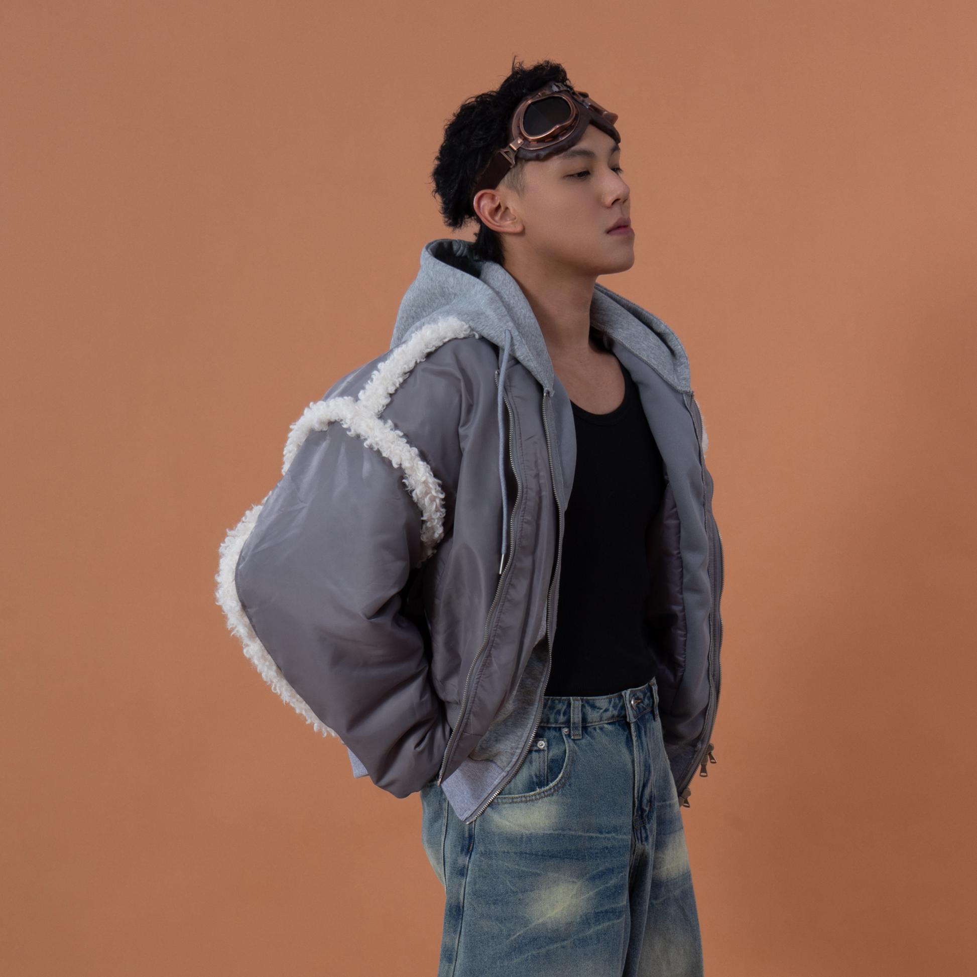 CLP Layered Faux Shearling Hooded Bomber Jacket-Jacket-M-Free Shipping Leatheretro