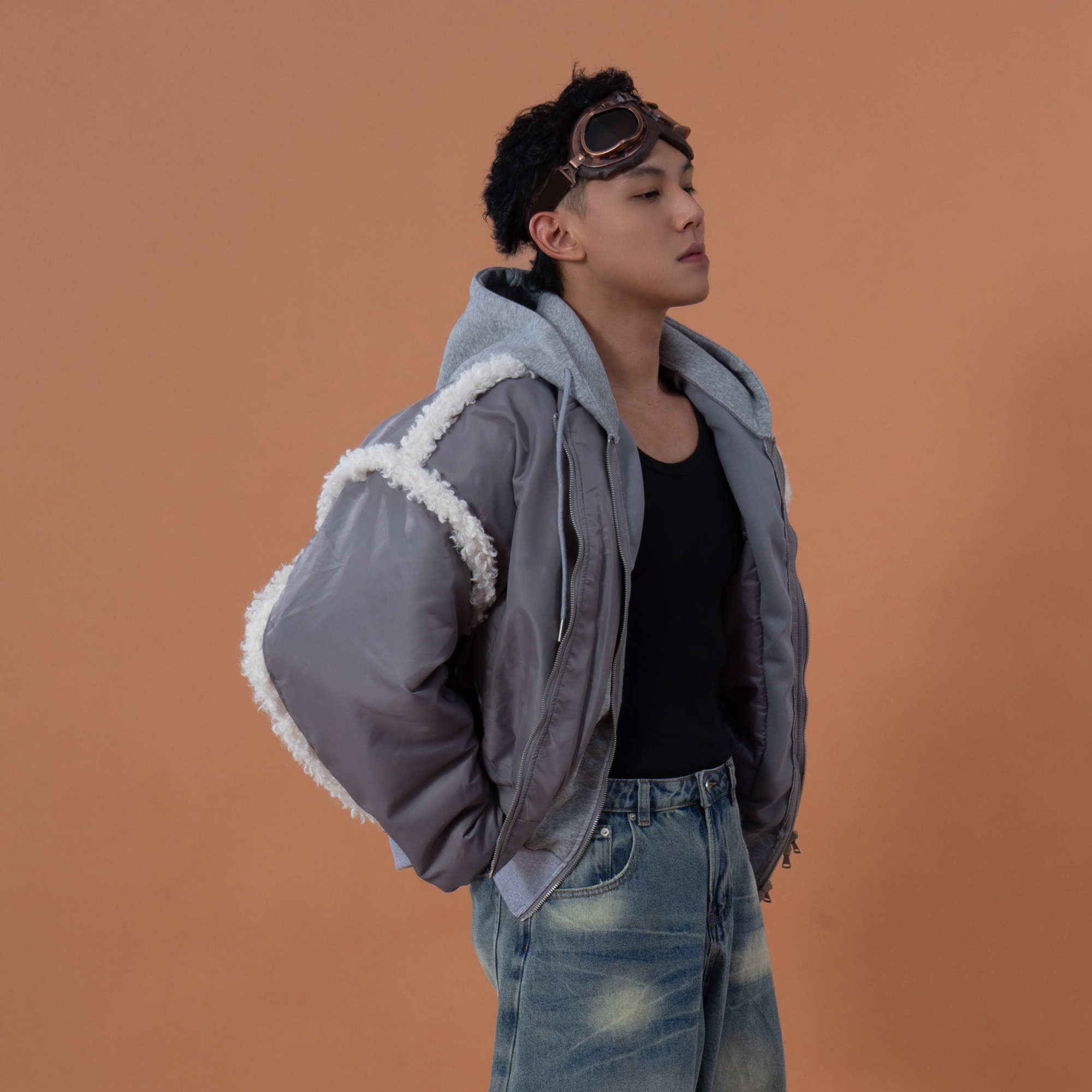 CLP Layered Faux Shearling Hooded Bomber Jacket-Jacket-M-Free Shipping Leatheretro