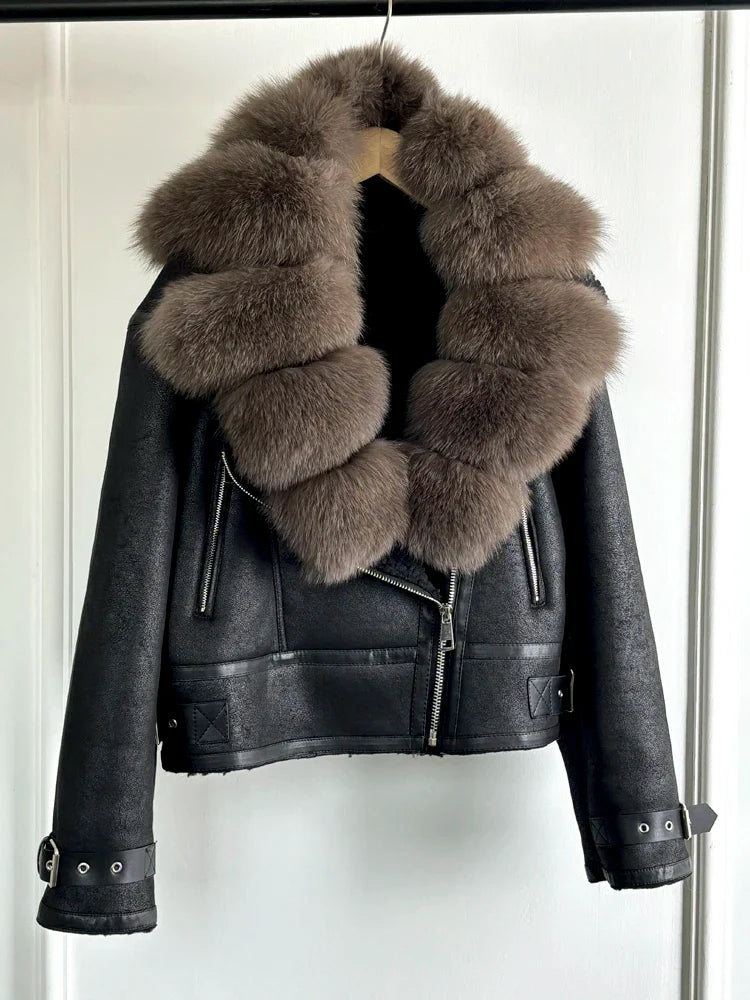 Fashion Women Faux Leather Jacket Winter Coat-Coats & Jackets-real fox fur-XS-Free Shipping Leatheretro