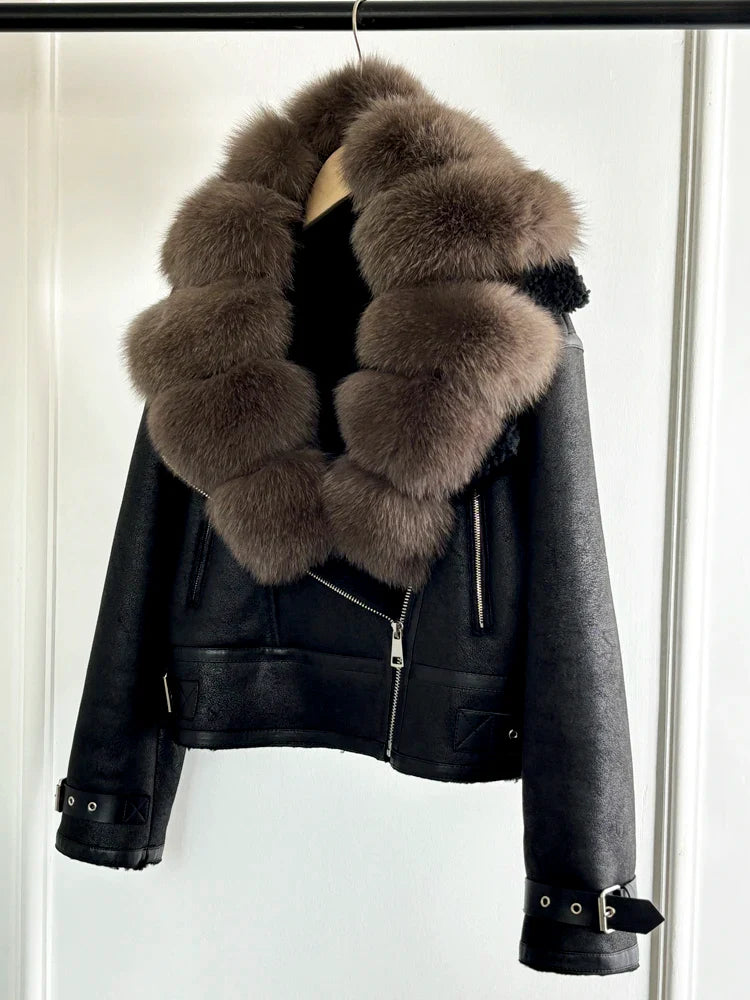 Fashion Women Faux Leather Jacket Winter Coat-Coats & Jackets-real fox fur-XS-Free Shipping Leatheretro